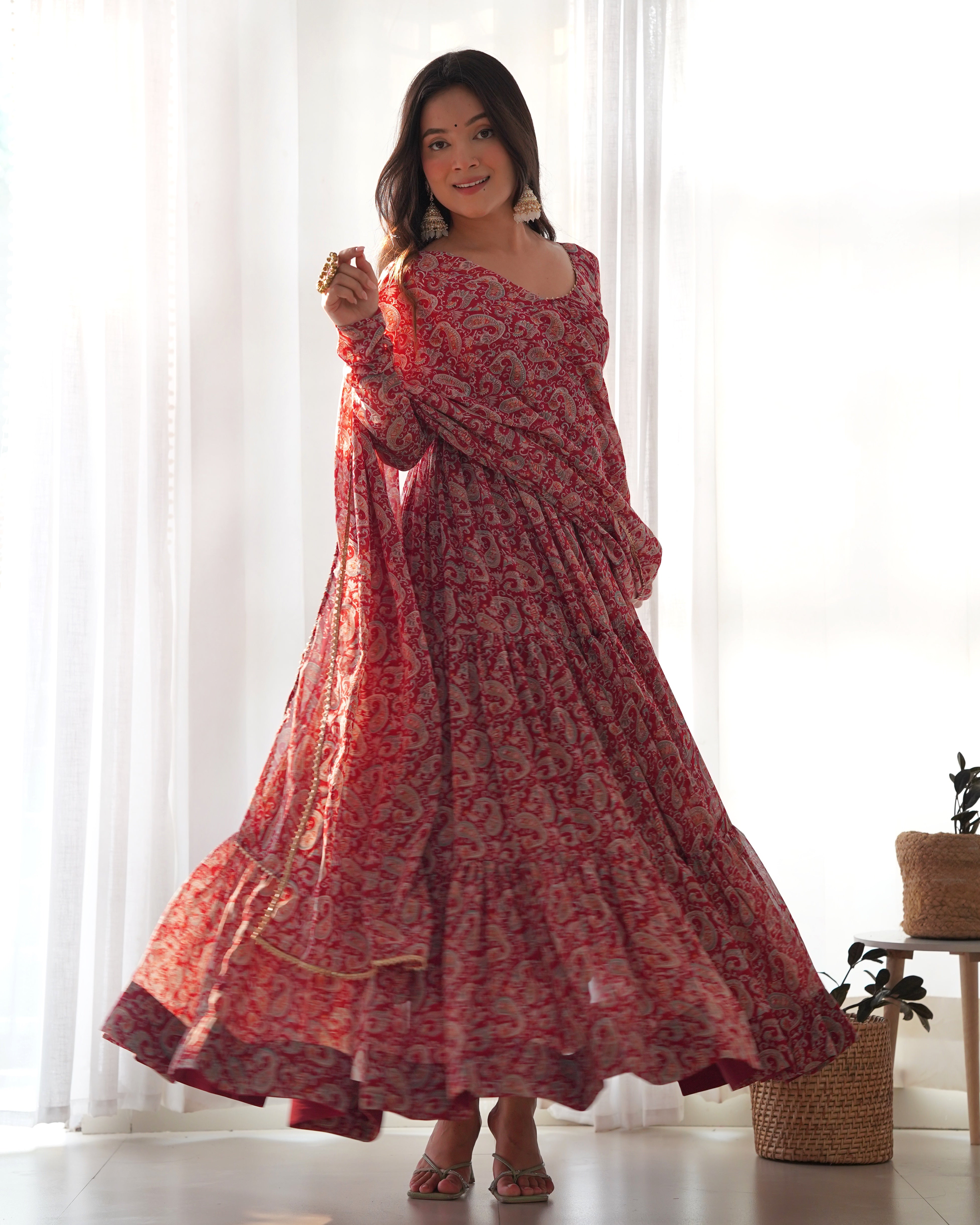 Maroon Pure Soft Fox Georgette Kurta Set With Kalamkari Print