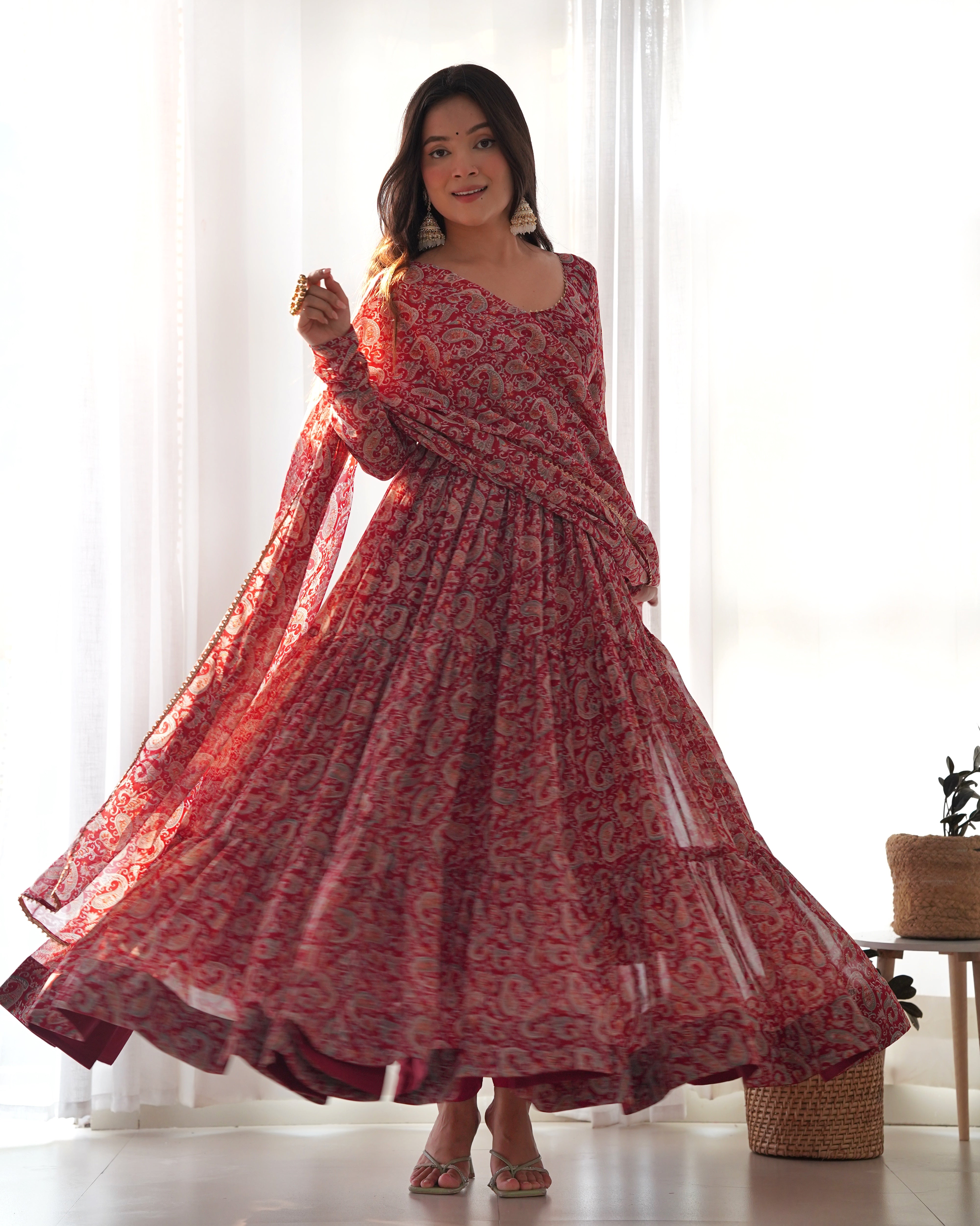 Maroon Pure Soft Fox Georgette Kurta Set With Kalamkari Print