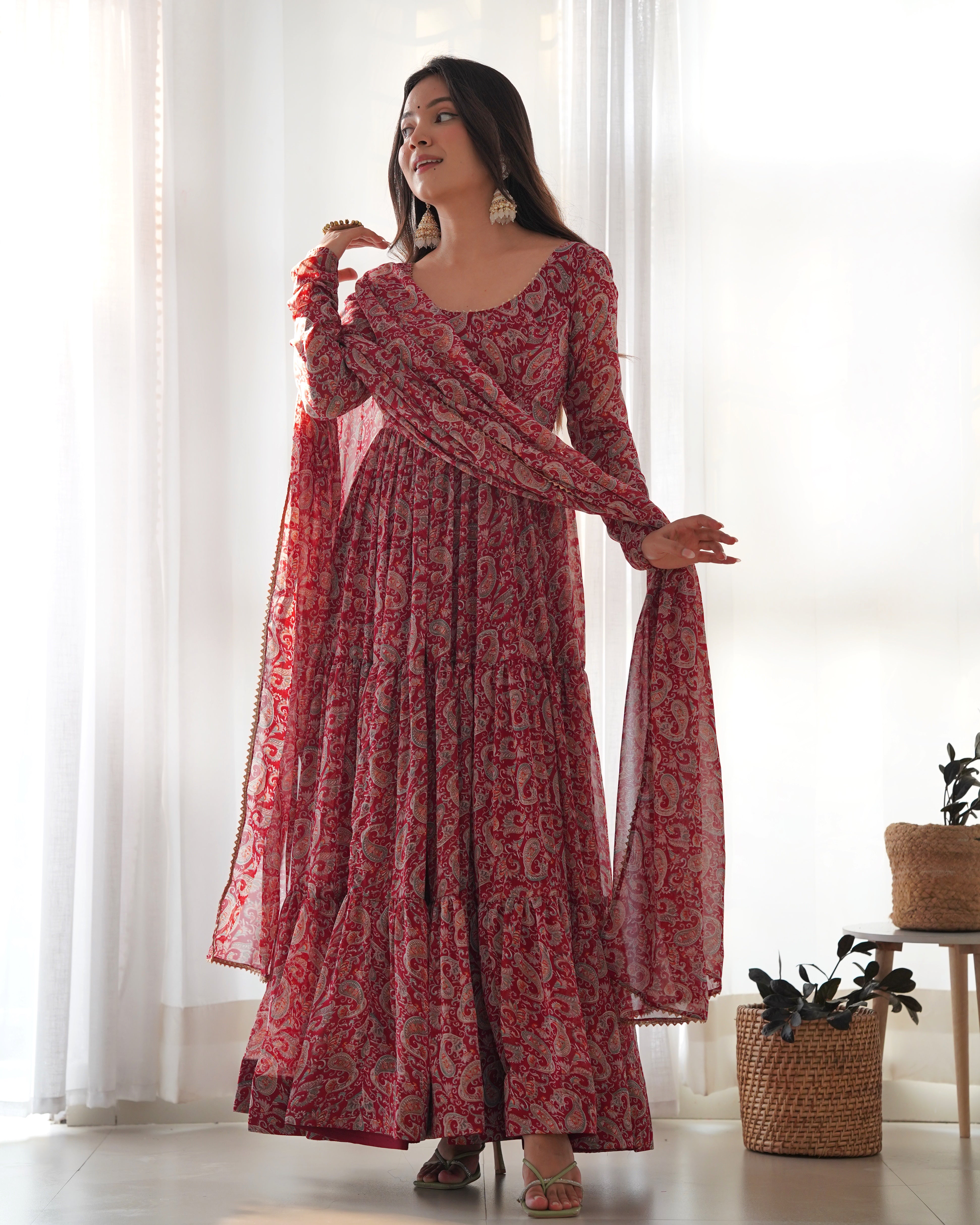 Maroon Pure Soft Fox Georgette Kurta Set With Kalamkari Print