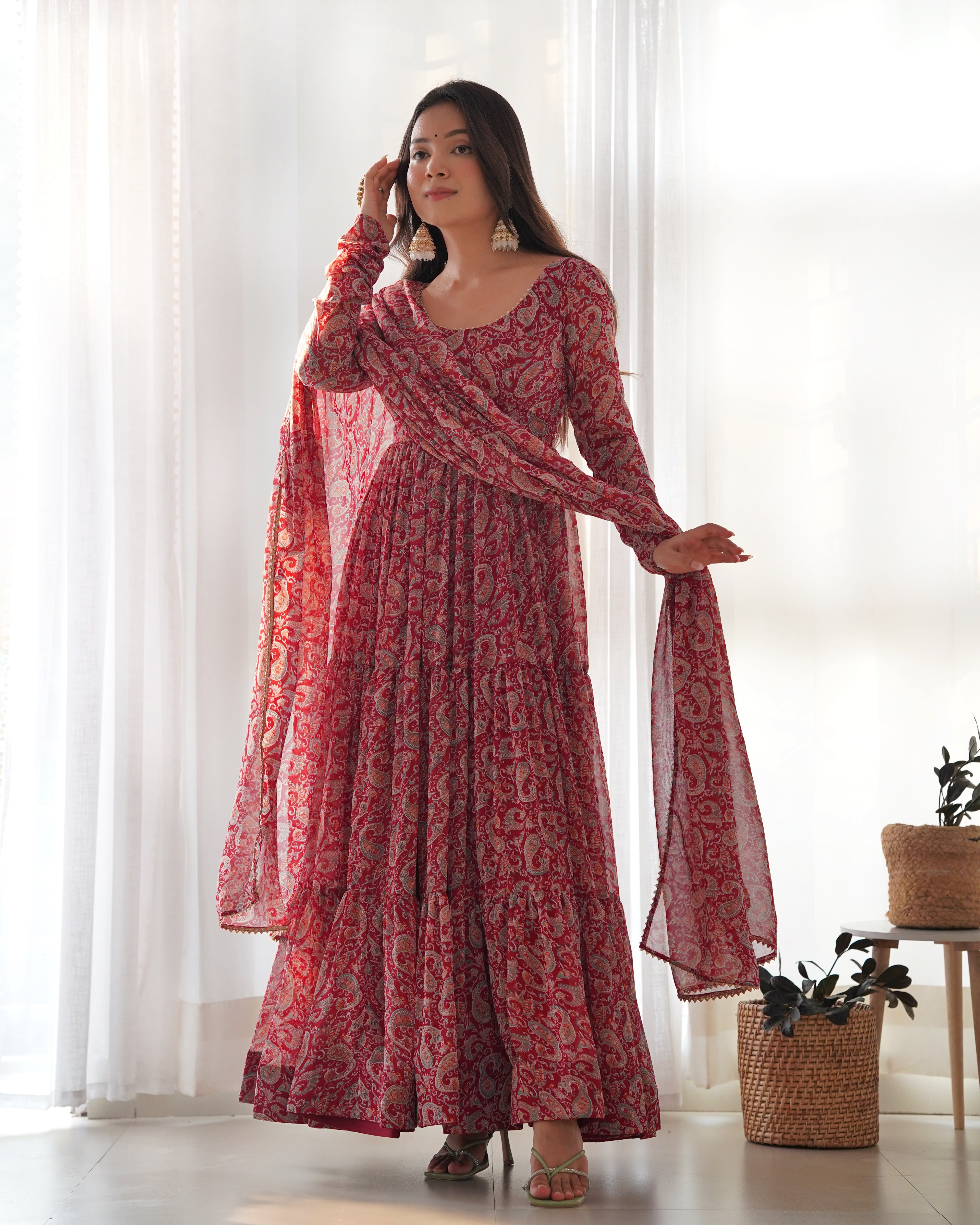 Maroon Pure Soft Fox Georgette Kurta Set With Kalamkari Print