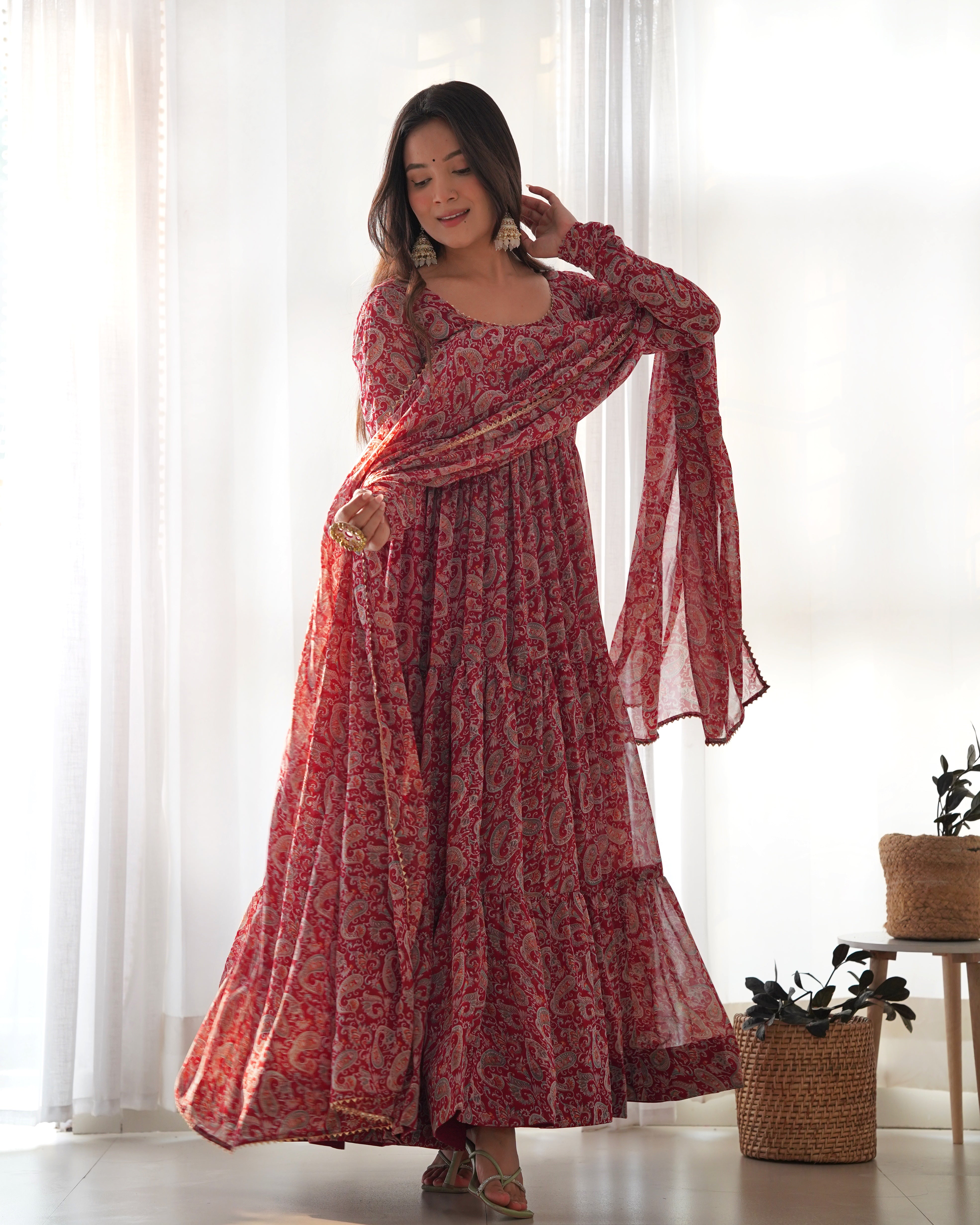 Maroon Pure Soft Fox Georgette Kurta Set With Kalamkari Print