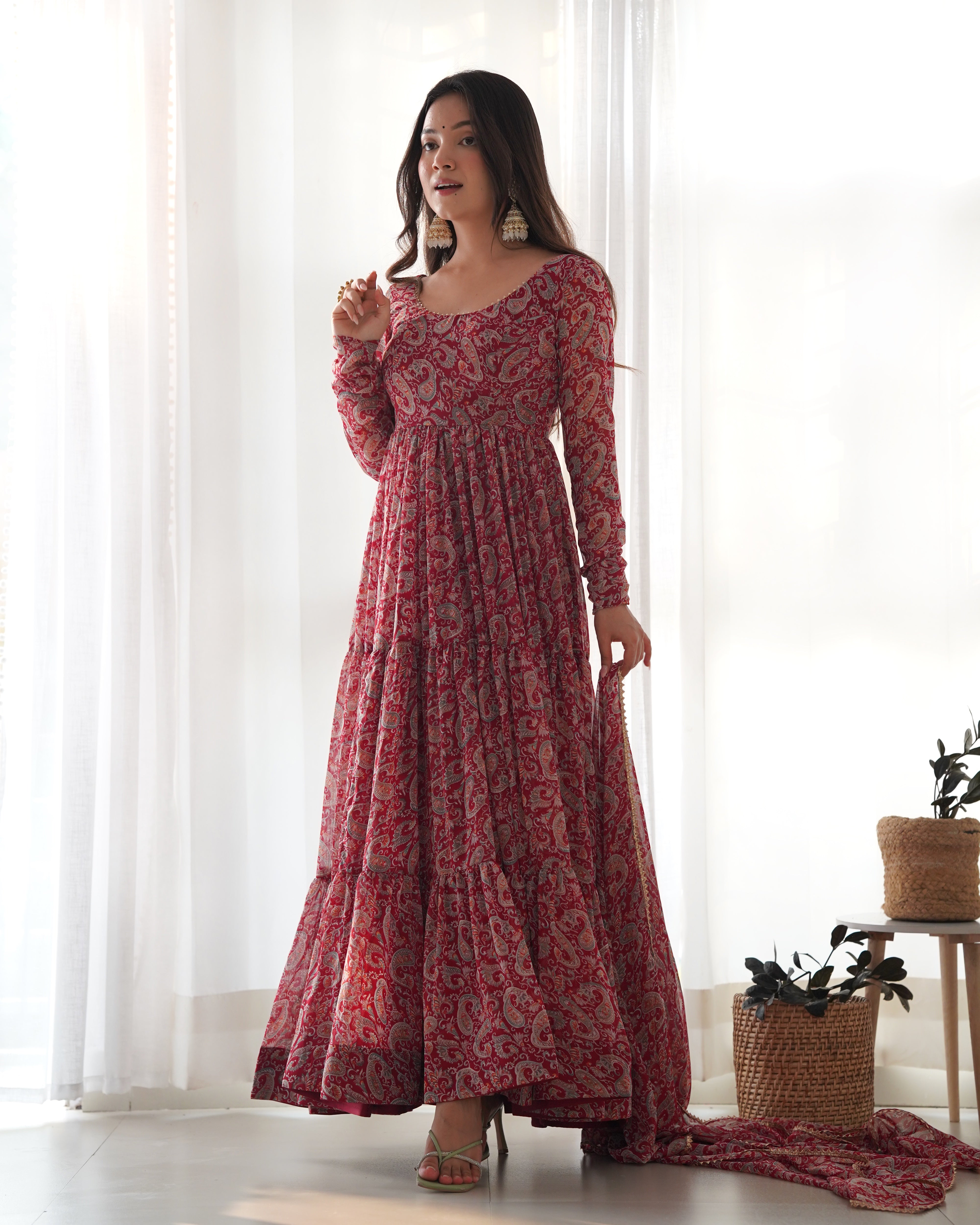 Maroon Pure Soft Fox Georgette Kurta Set With Kalamkari Print