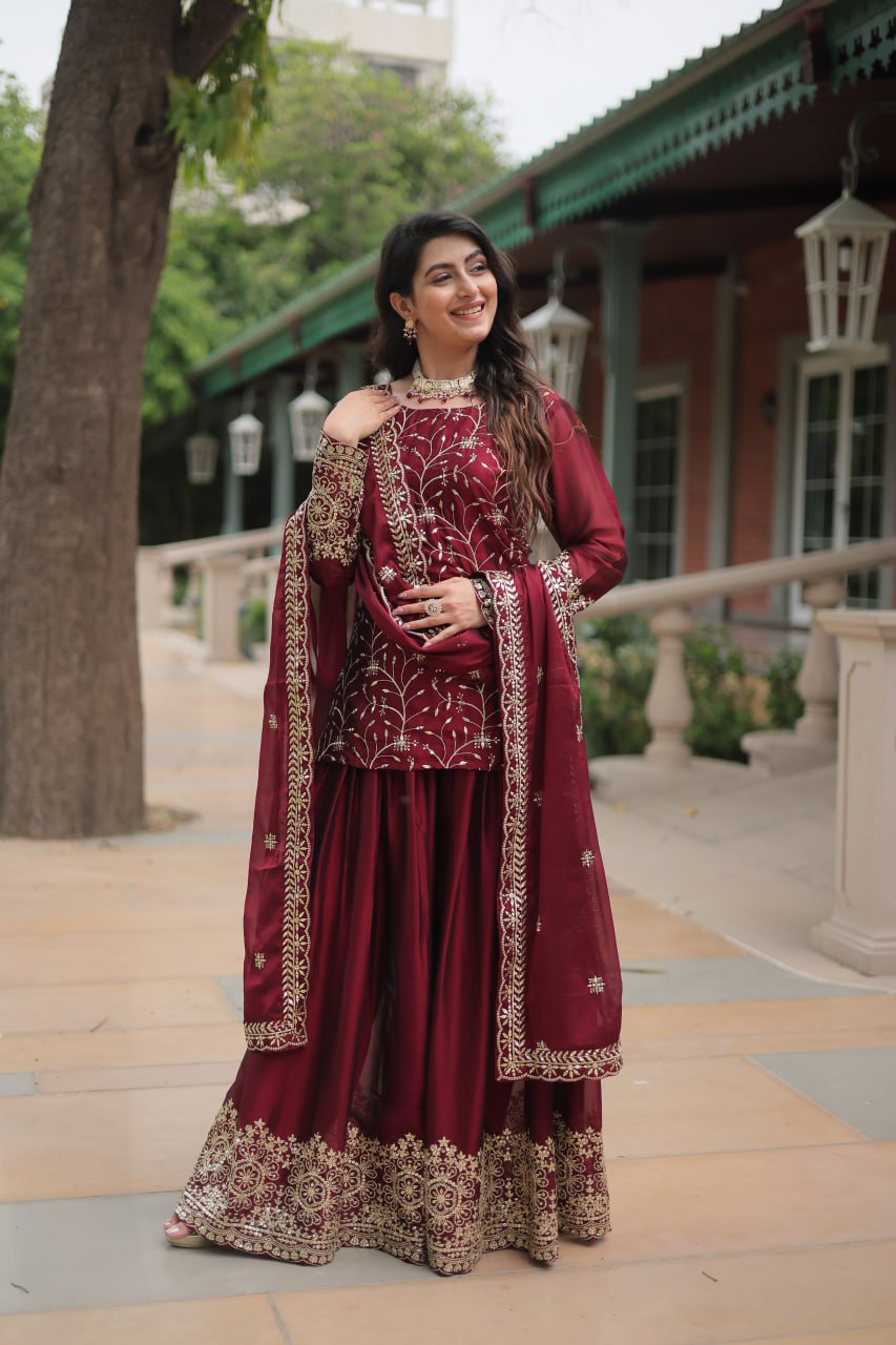 Maroon Jaal Embroidered Kurta Set