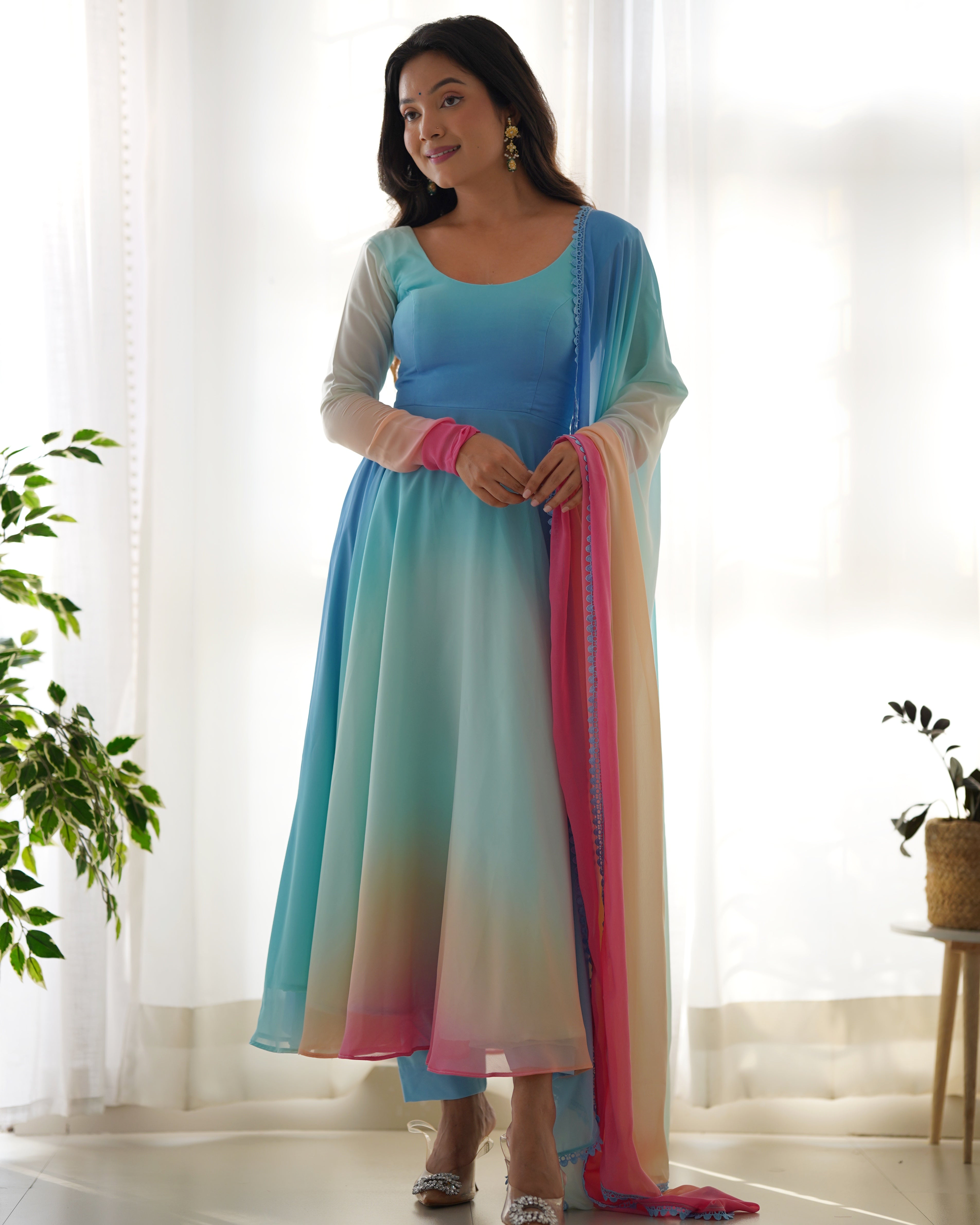 Multicolor Pure Soft Fox Georgette Kurta Set With Solid
