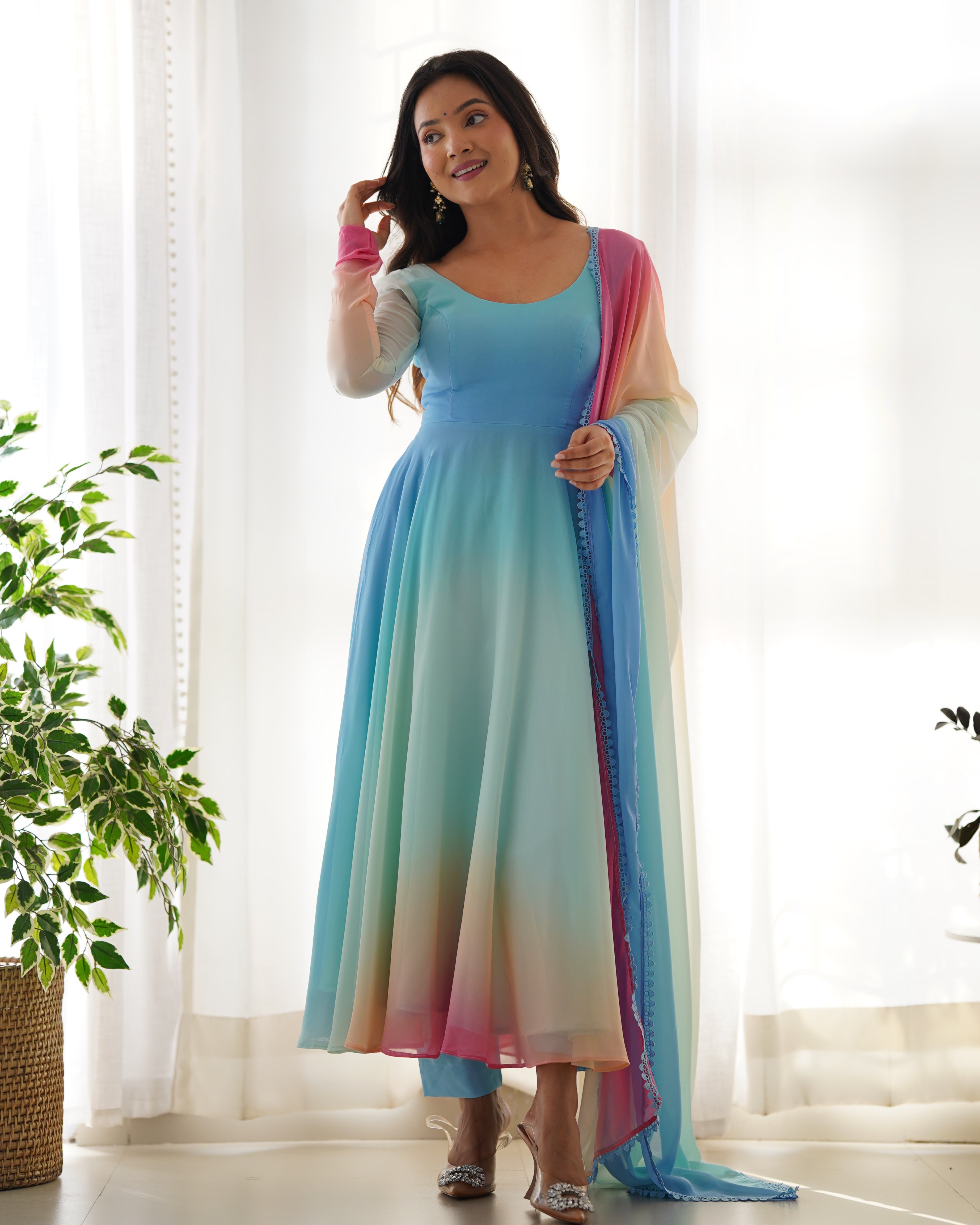 Multicolor Pure Soft Fox Georgette Kurta Set With Solid