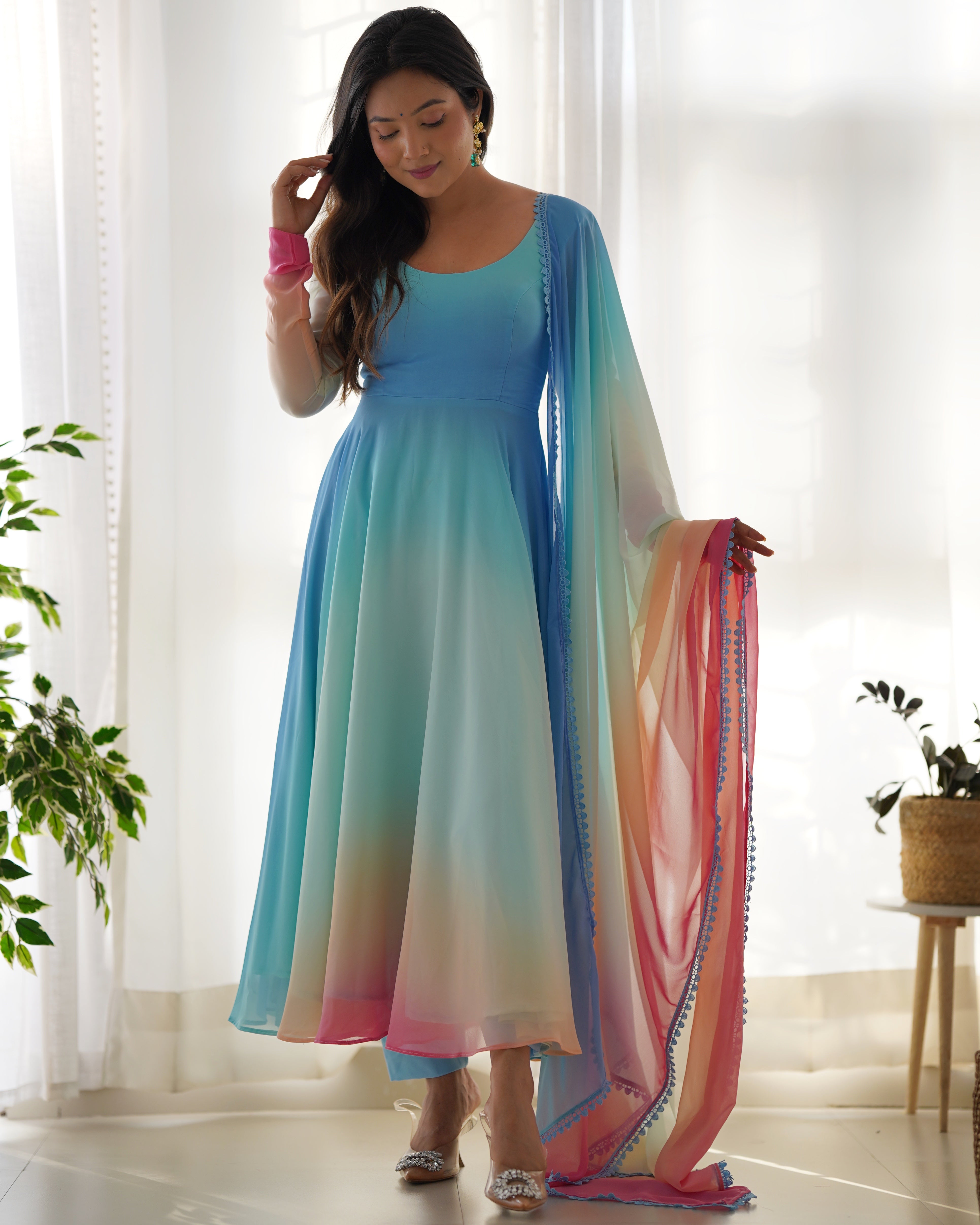 Multicolor Pure Soft Fox Georgette Kurta Set With Solid