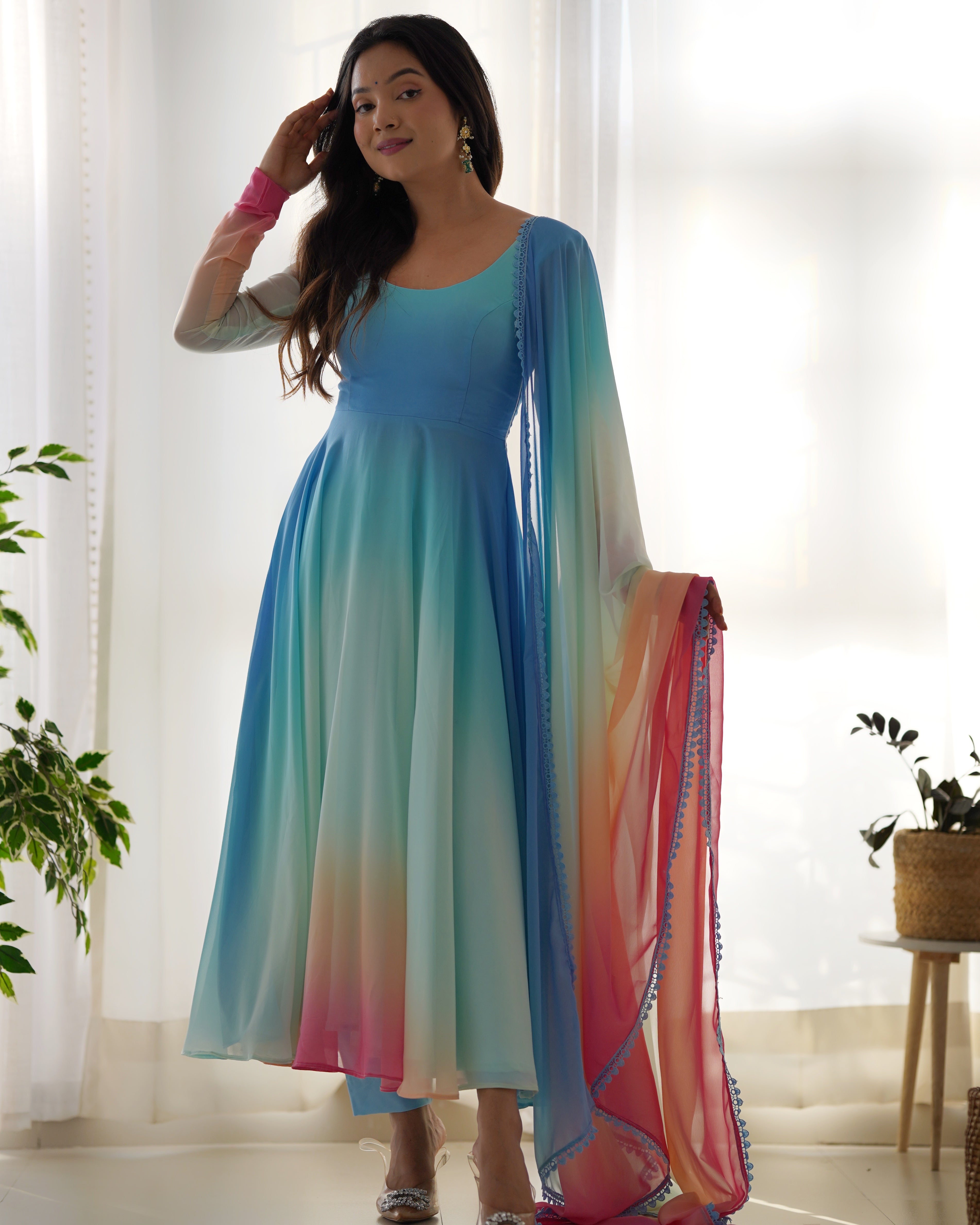 Multicolor Pure Soft Fox Georgette Kurta Set With Solid