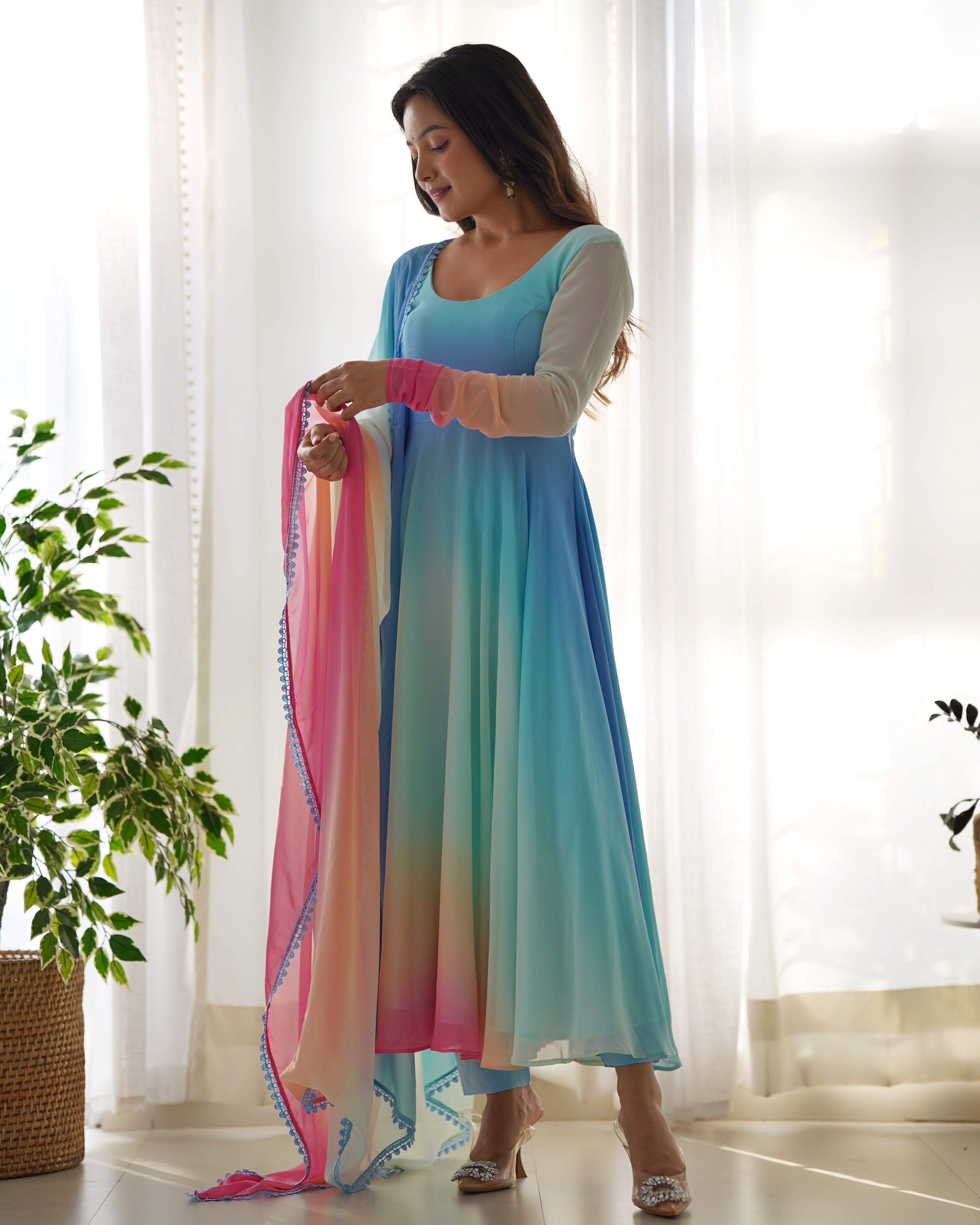 Multicolor Pure Soft Fox Georgette Kurta Set With Solid