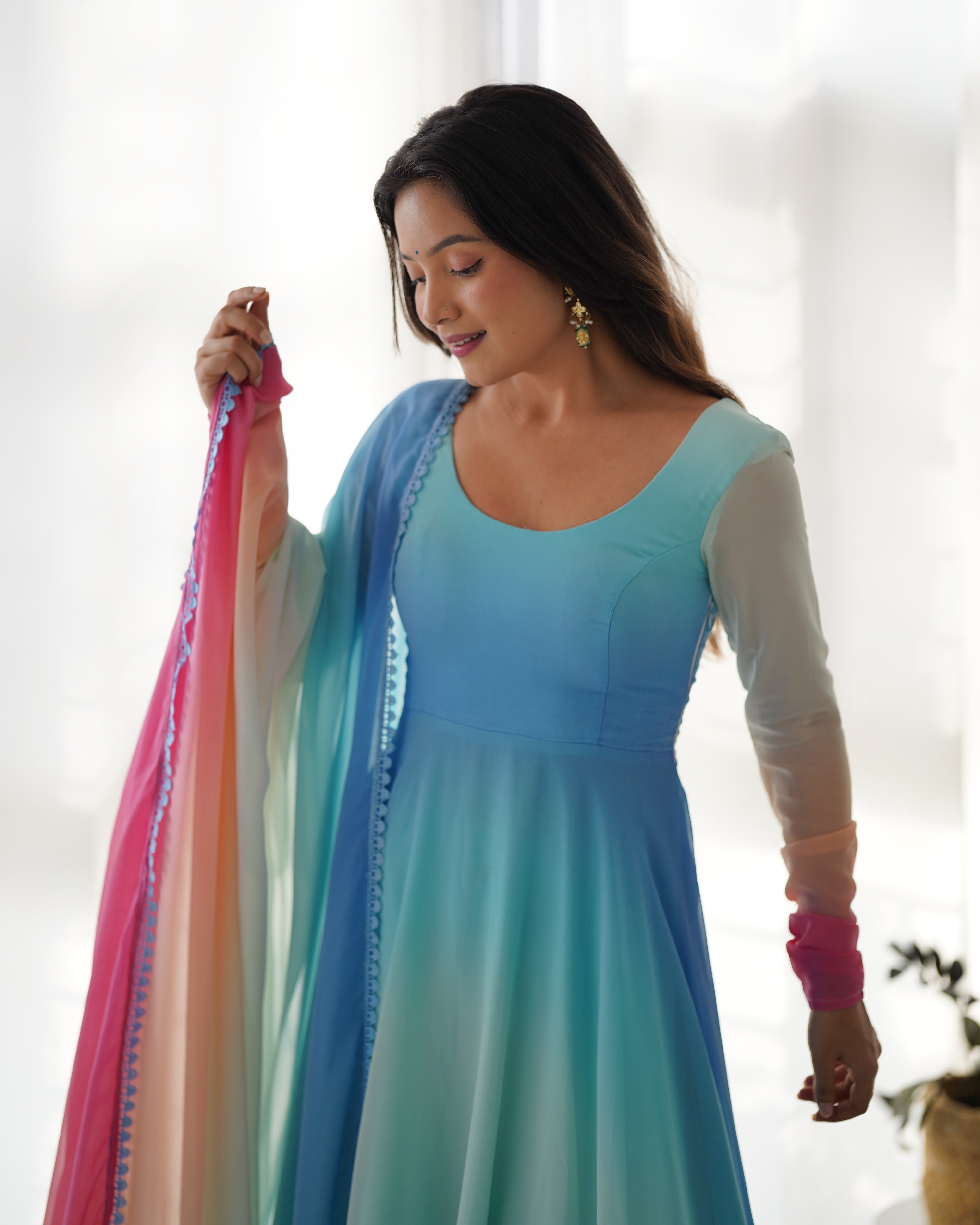 Multicolor Pure Soft Fox Georgette Kurta Set With Solid