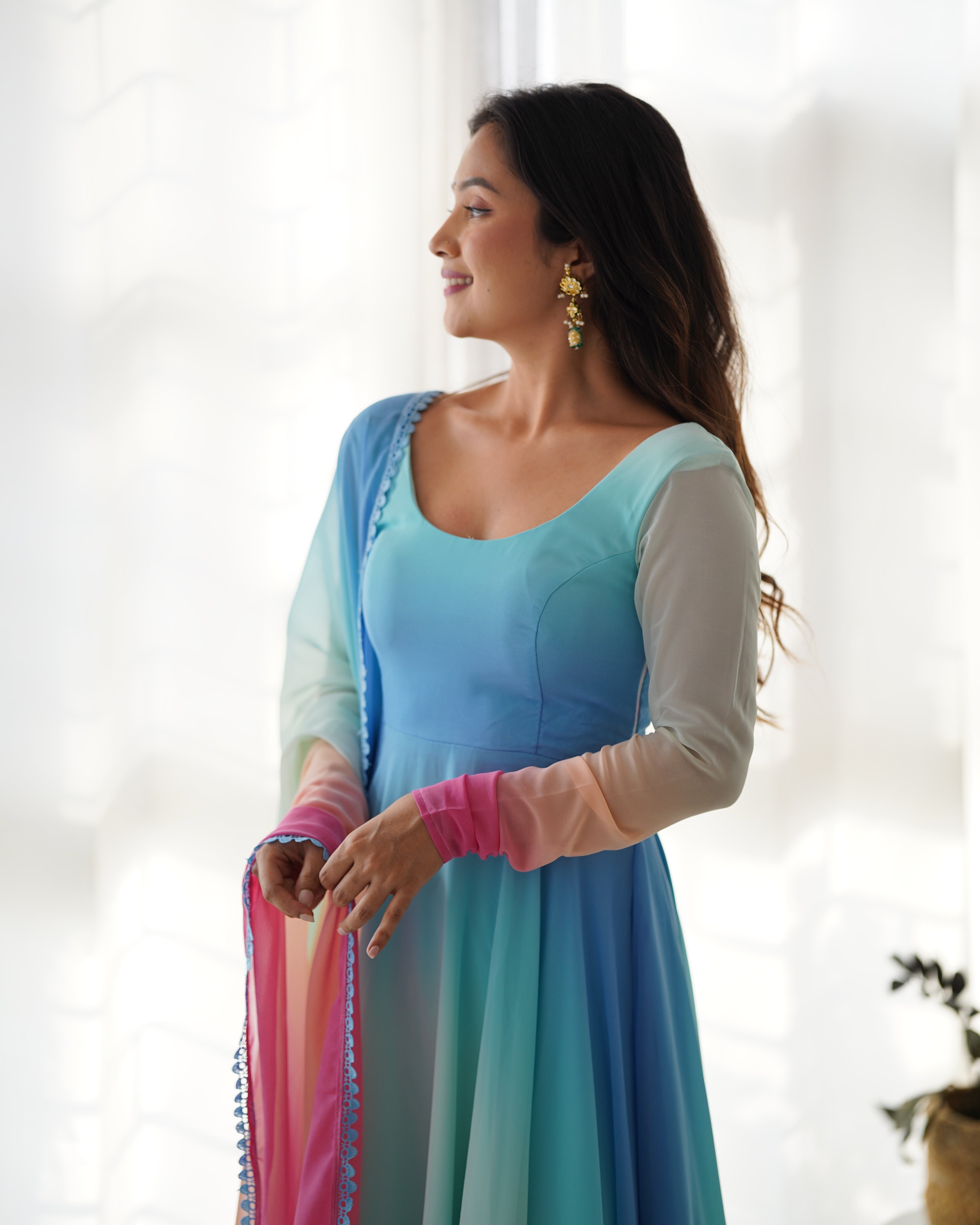 Multicolor Pure Soft Fox Georgette Kurta Set With Solid