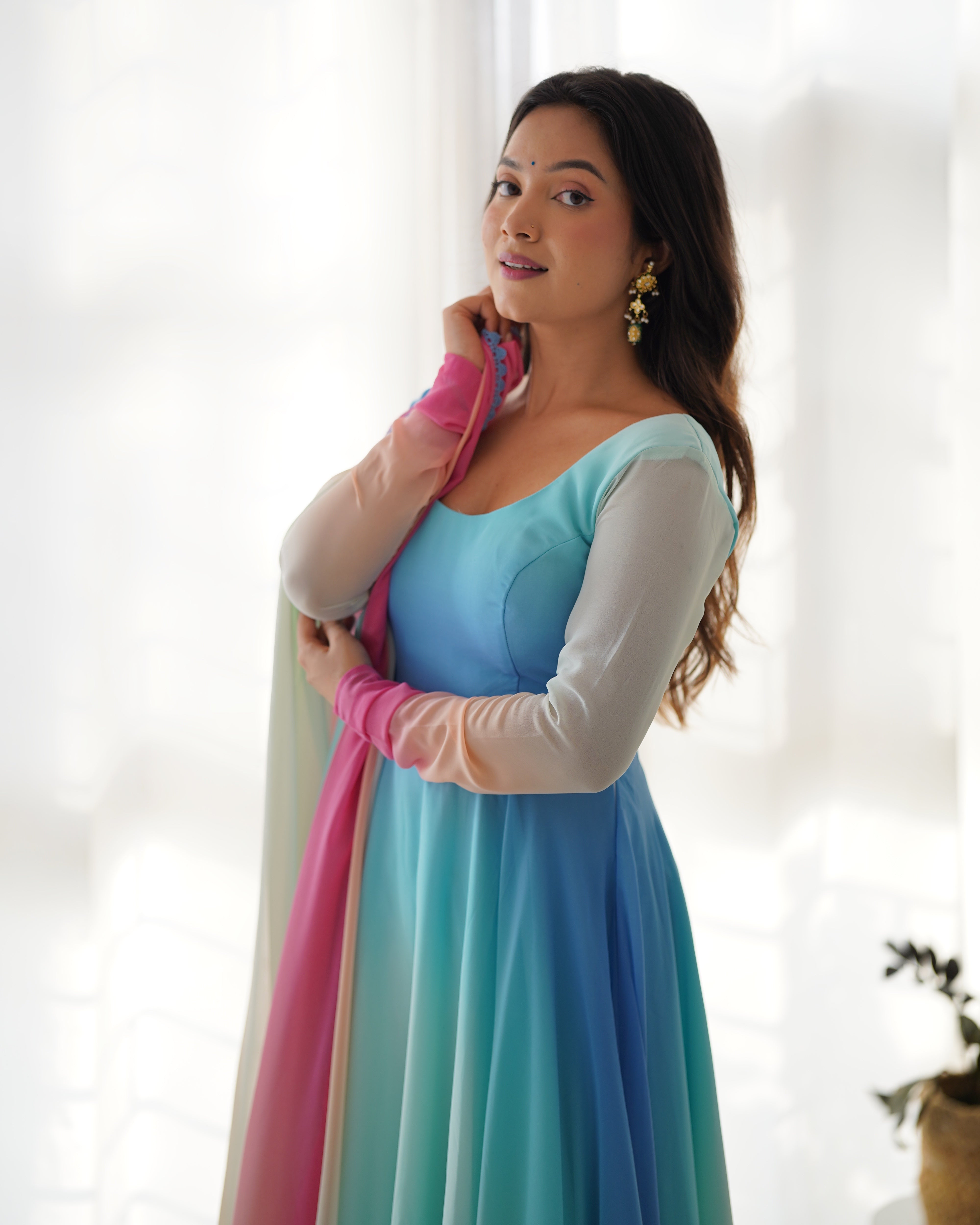 Multicolor Pure Soft Fox Georgette Kurta Set With Solid