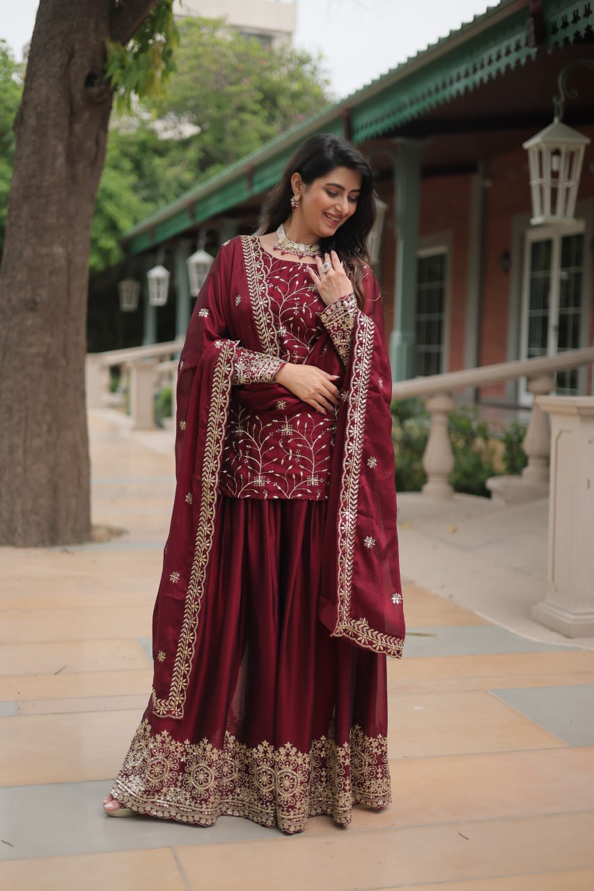 Maroon Jaal Embroidered Kurta Set