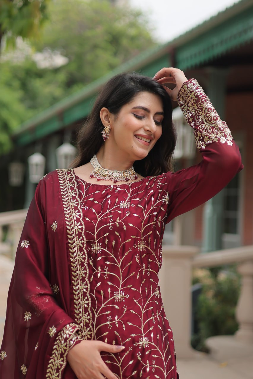 Maroon Jaal Embroidered Kurta Set