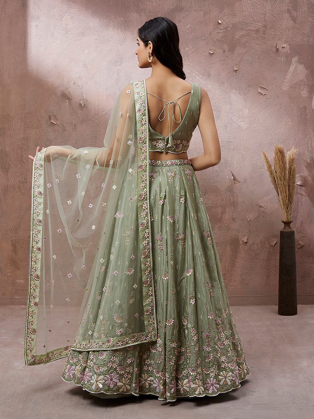 Lime Green Pure Georgette Sequins with heavy Zarkan embroidery Lehenga Set