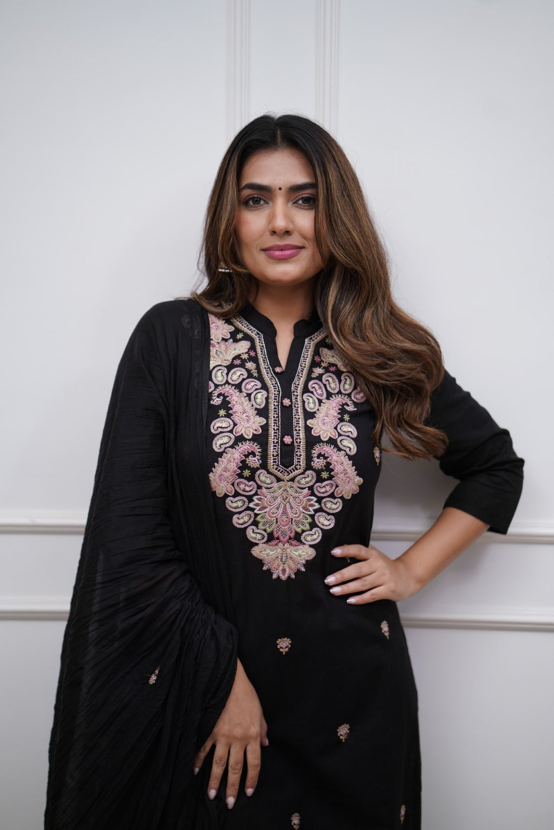 Black Embroidered Straight Kurta Set
