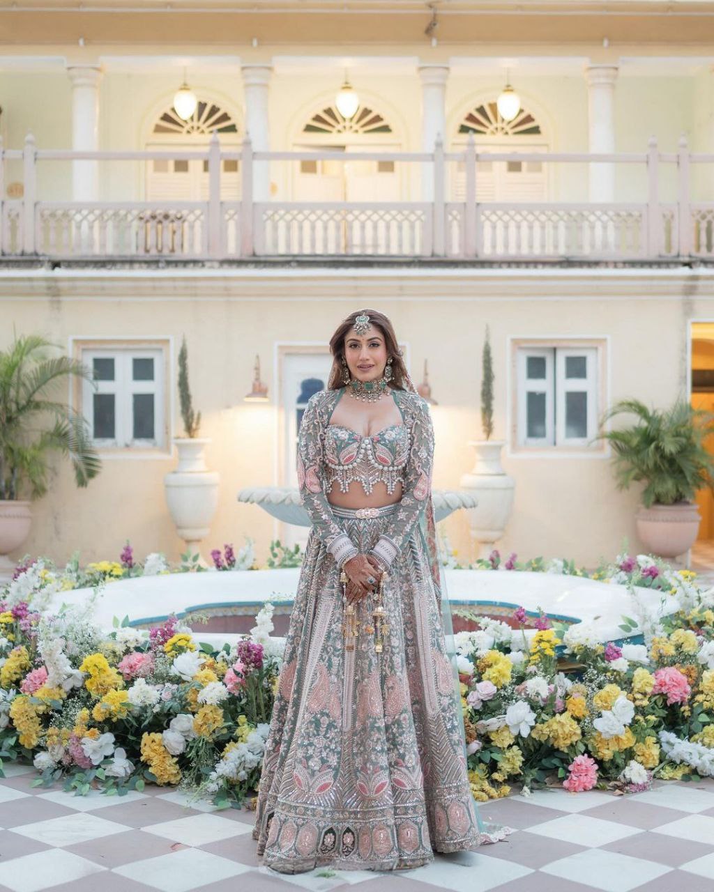 Sage Green Silk Lehenga with Pearl Work