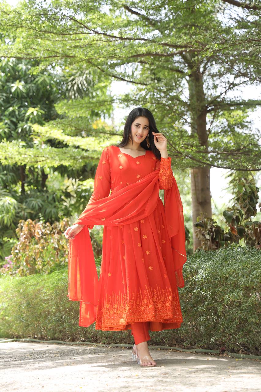 Red Tonal Embroidered Anarkali Kurta Set