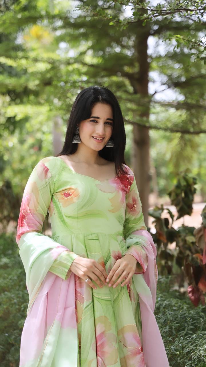 Green Floral Printed Anarkali Kurta Set