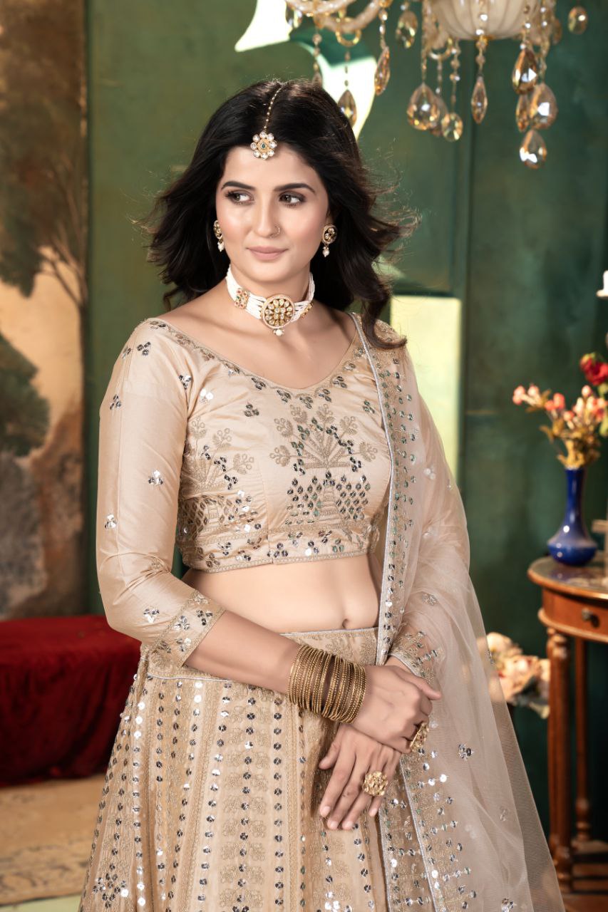 Peach Satin Lehenga With Embroidery work