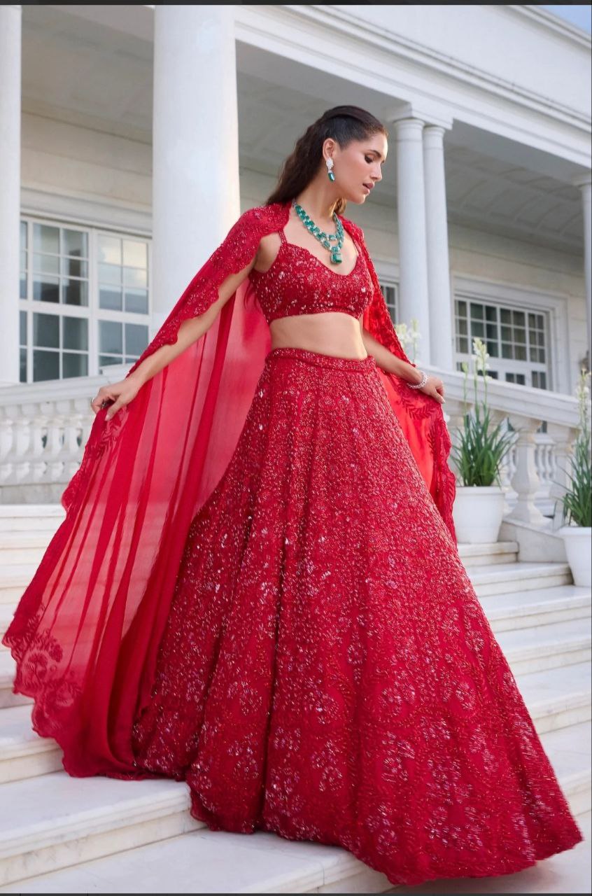 Red Silk Sequin work Lehenga