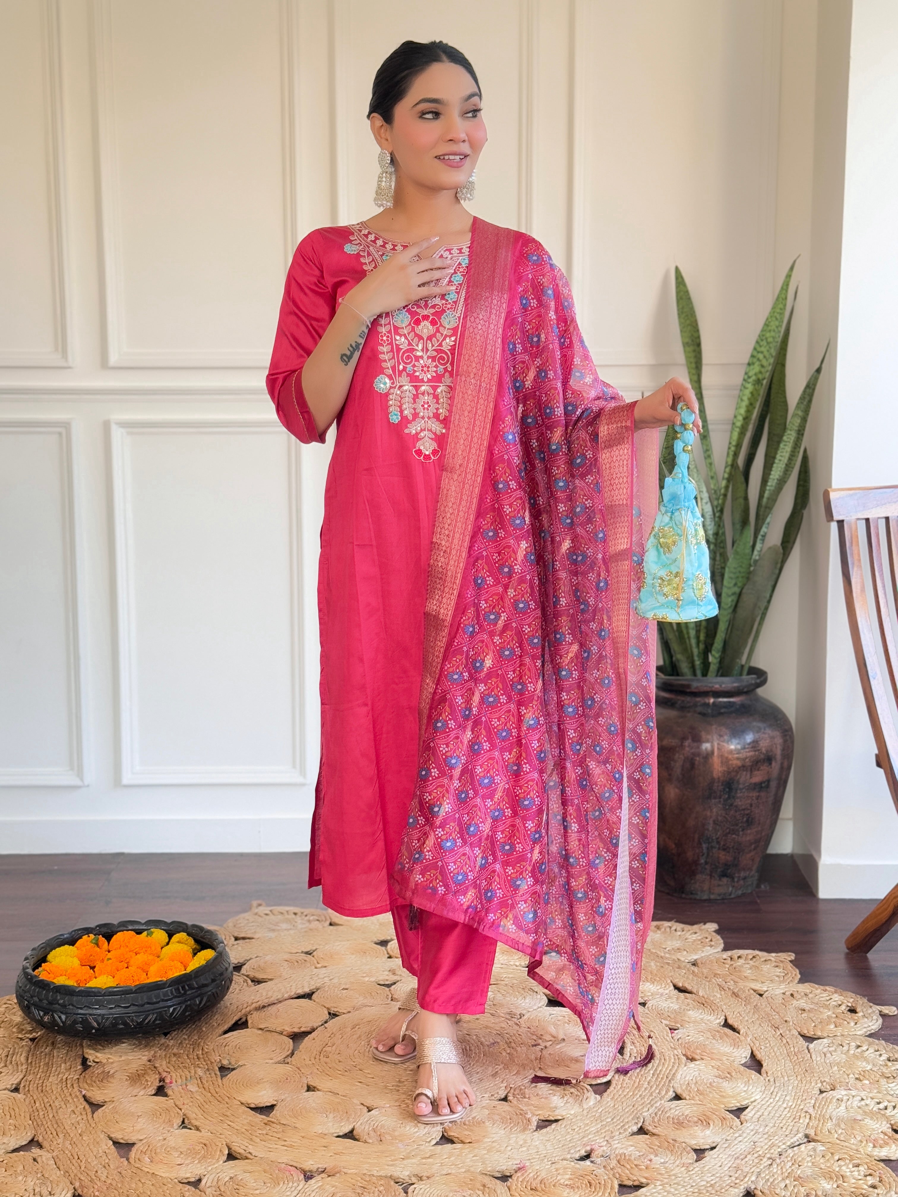 Pink Chanderi Embroidered Kurta