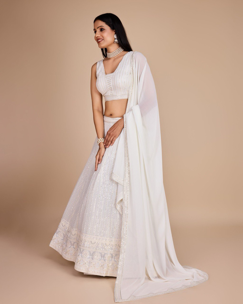 White Sequin Thread Embroidery Lehenga Set