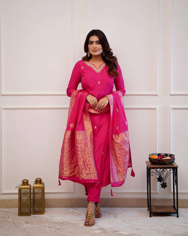 Pink Embroidered Straight Kurta Set