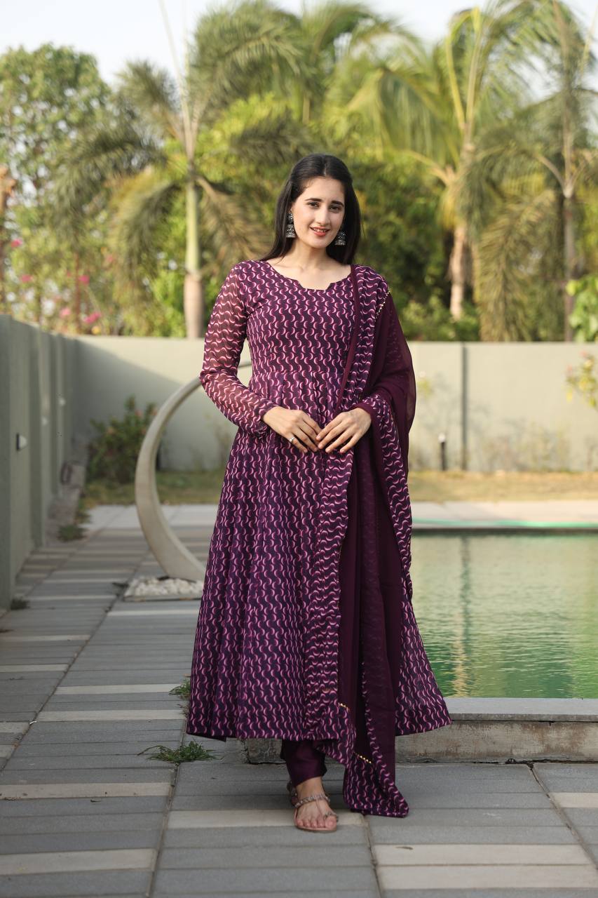 Purple Printed Anarkali Kurta set