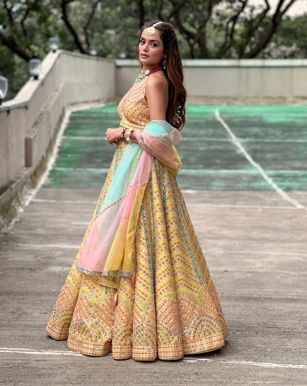 Yellow Multi Color Thread Embroidered Lehenga