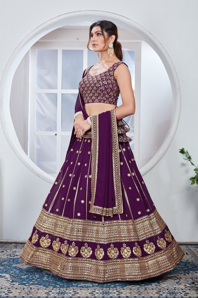 Wine Zari Work Floral Buta Lehenga