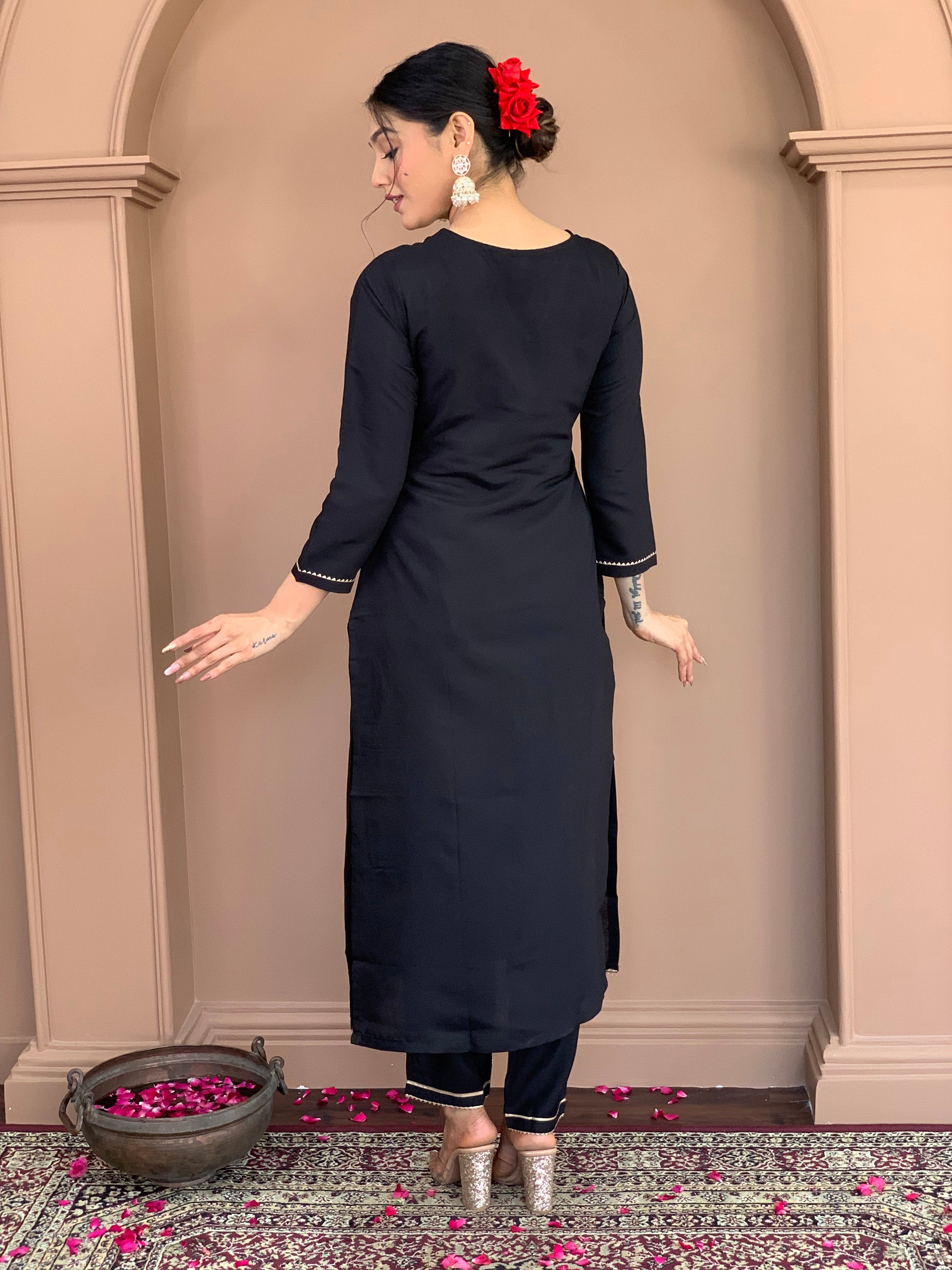 Black Rayon Embroidered Kurta Set