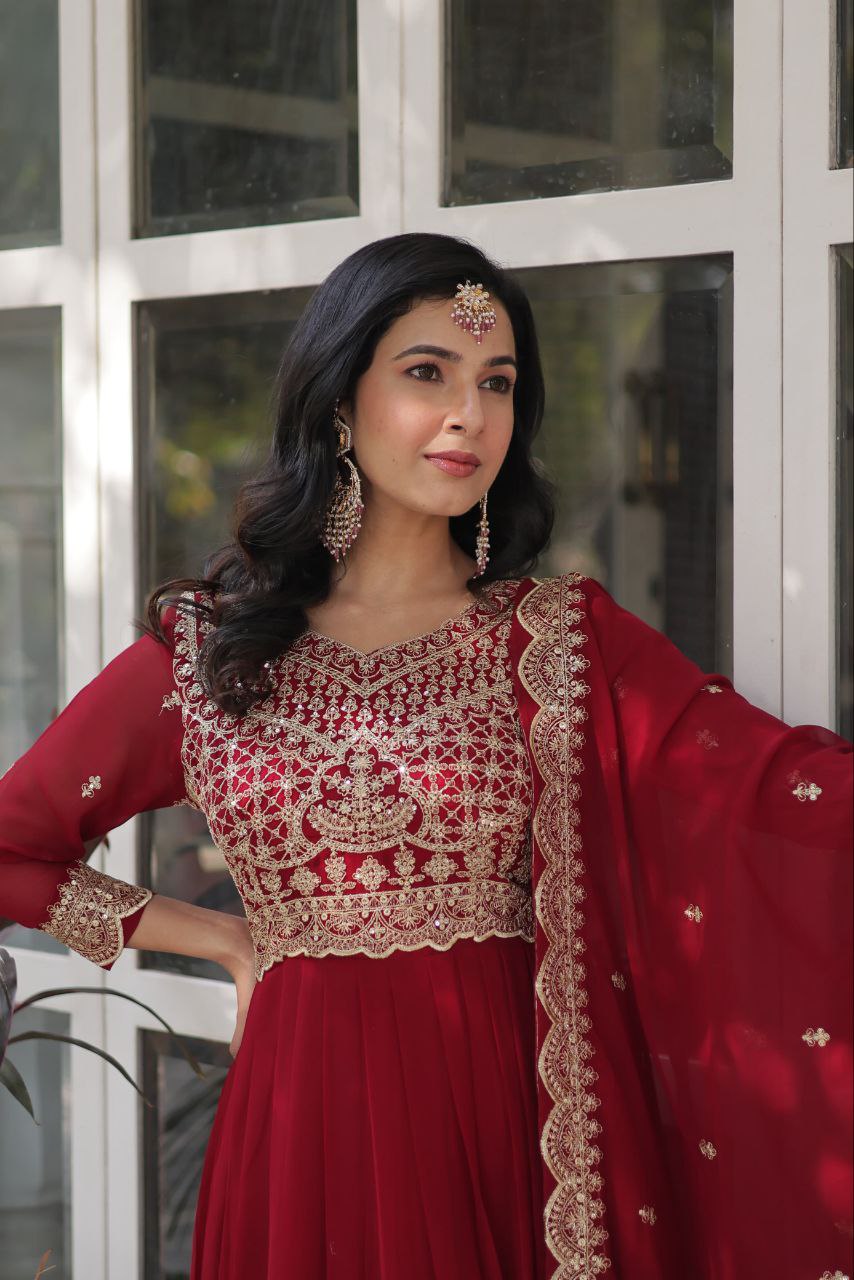Maroon Embroidery Work Georgette Lehenga