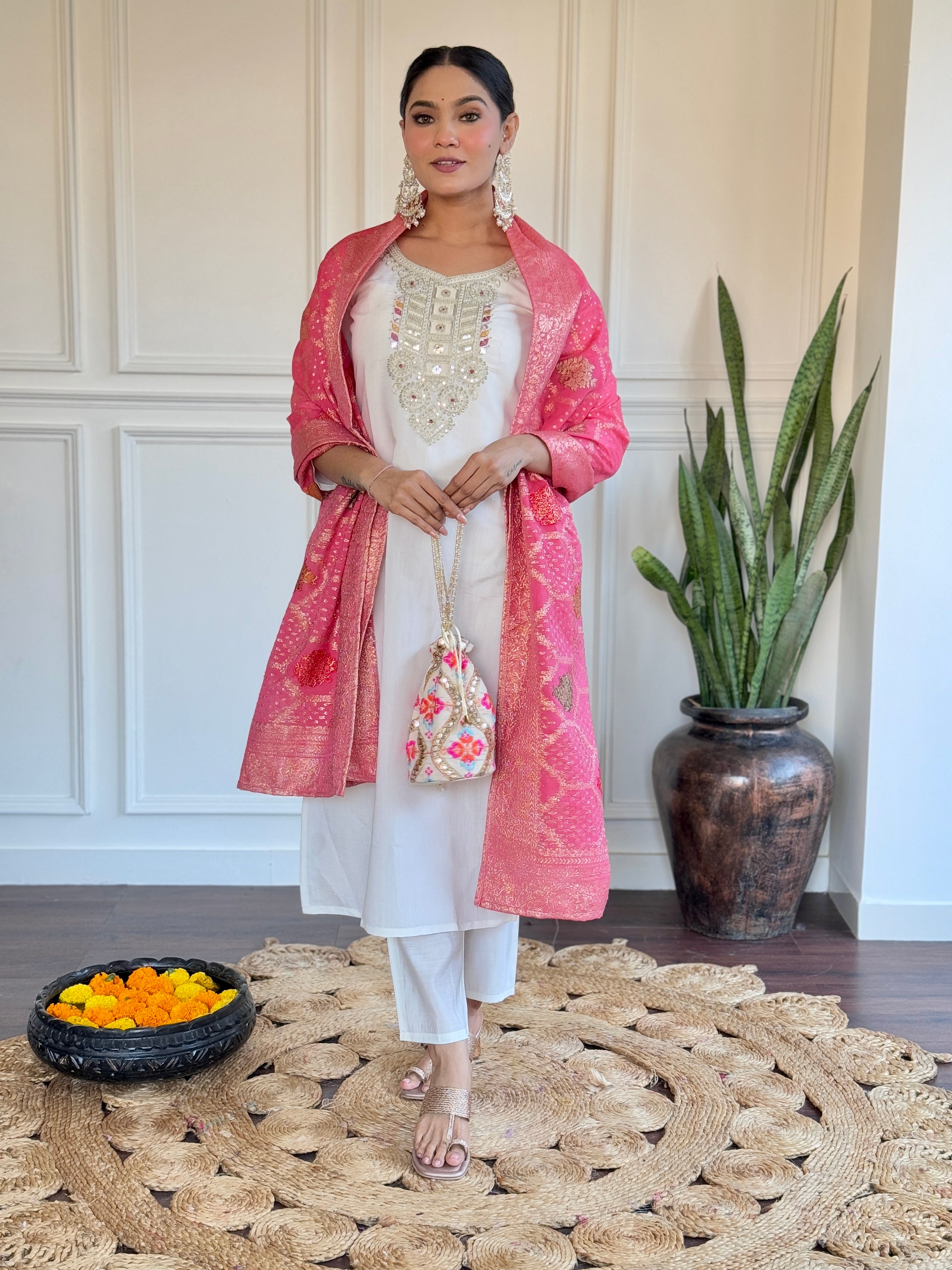 Off White Chanderi Embroidered Kurta