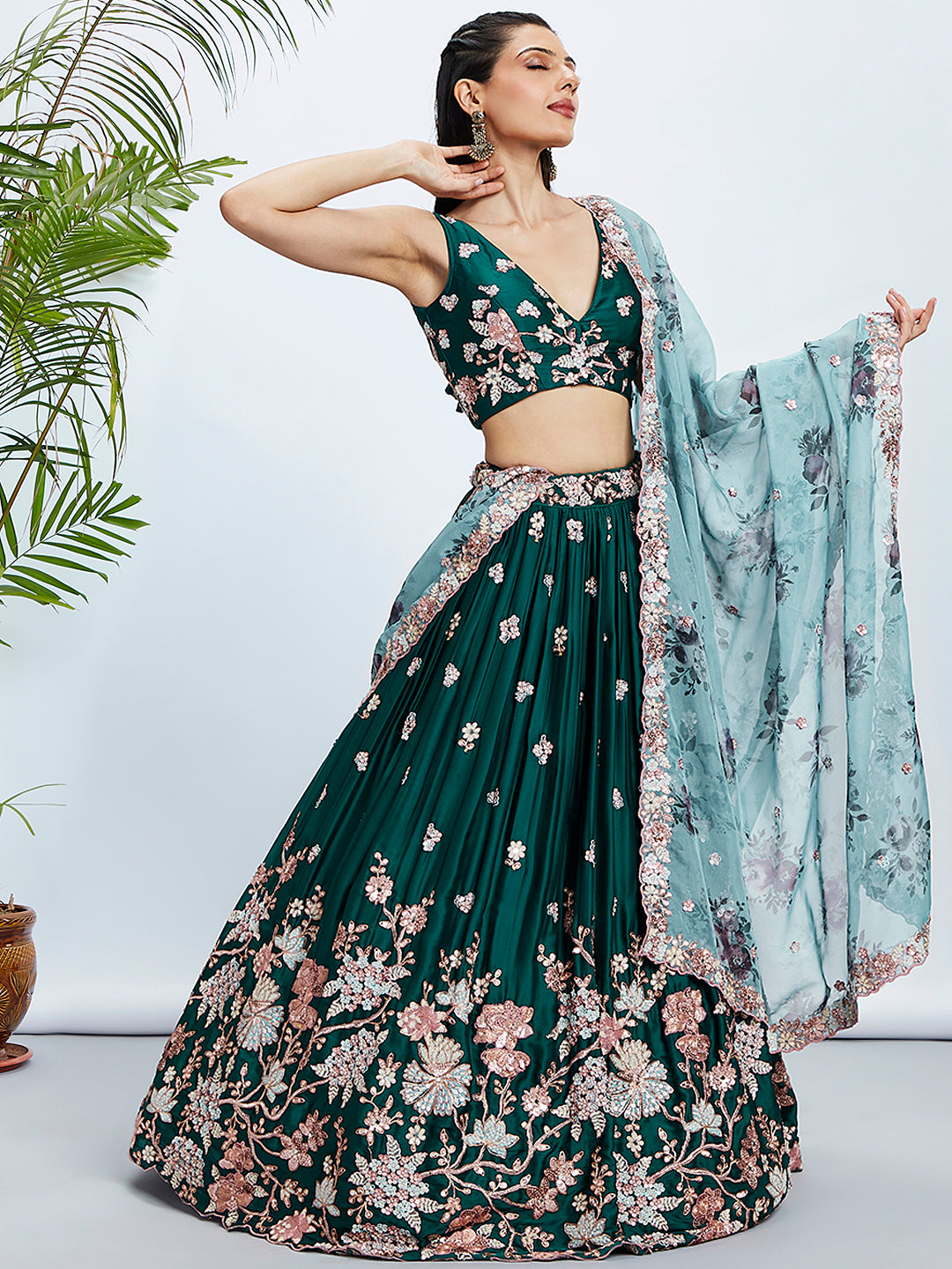 Green Pure Georgette Sequins and thread embroidery Lehenga Set