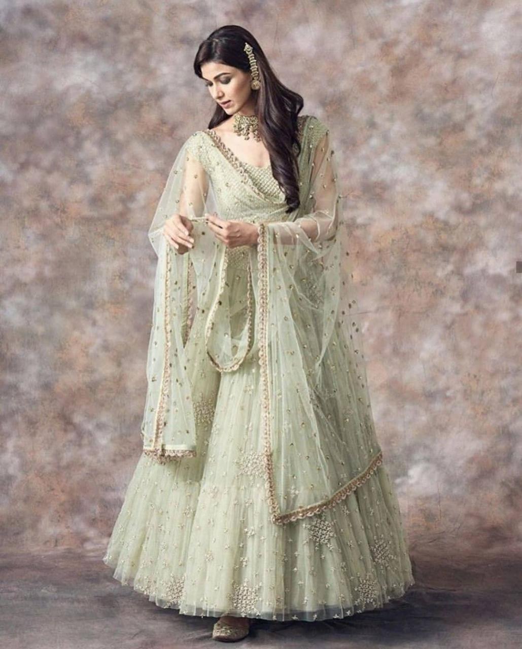 Light Green Sequin Work Mesh Lehenga