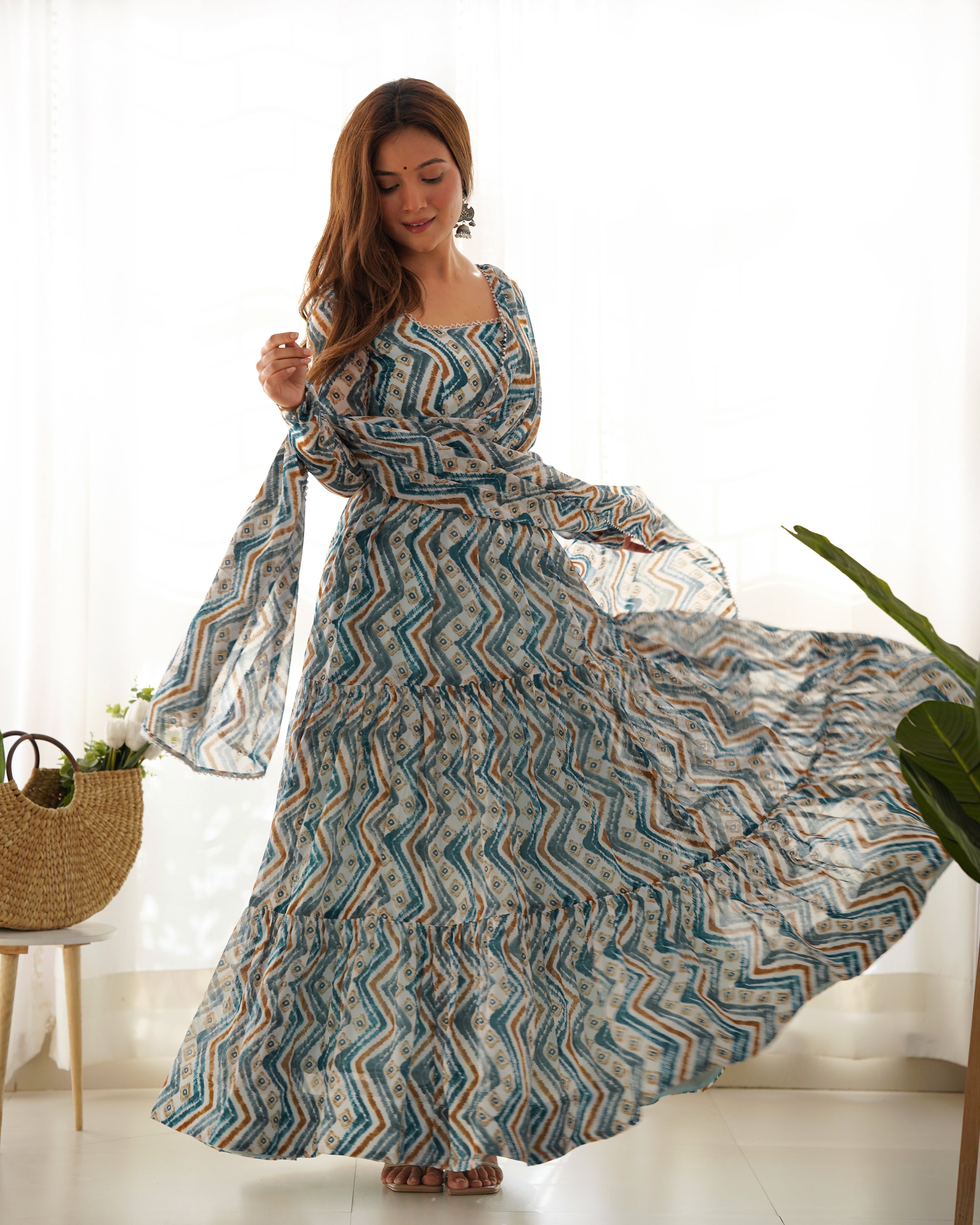 LightBlue Pure Soft Fox Georgette Kurta Set With Zigzag Print