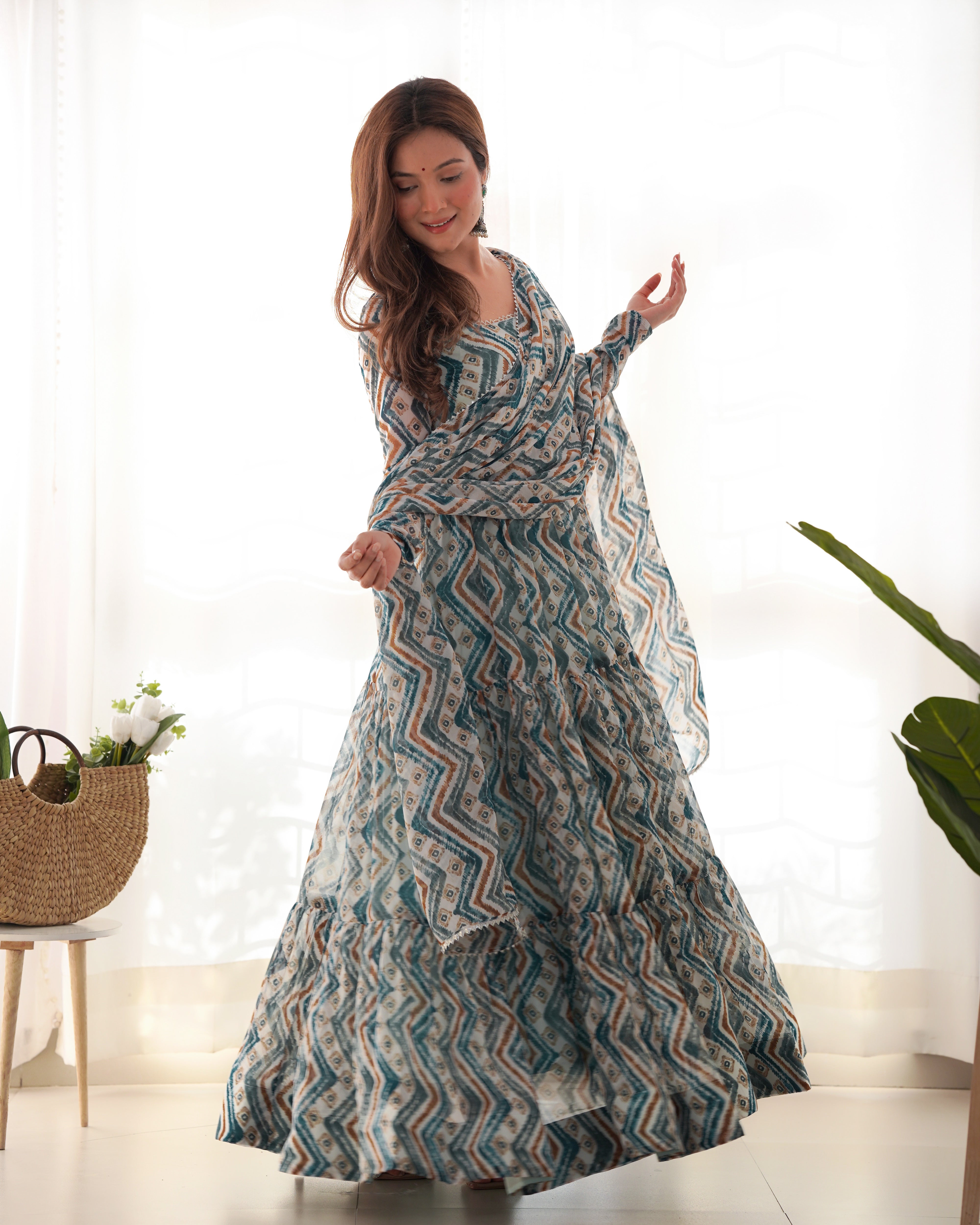 LightBlue Pure Soft Fox Georgette Kurta Set With Zigzag Print