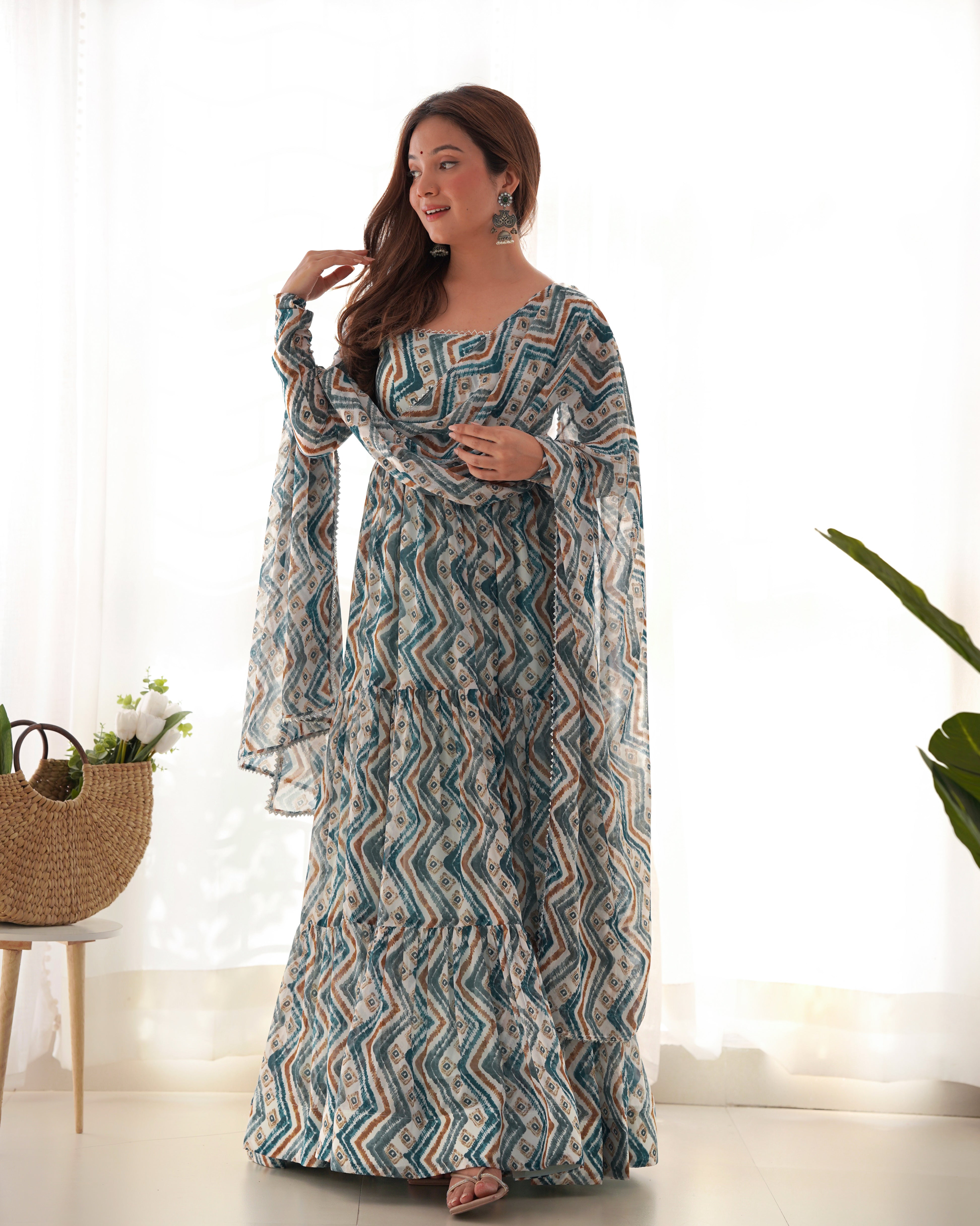 LightBlue Pure Soft Fox Georgette Kurta Set With Zigzag Print