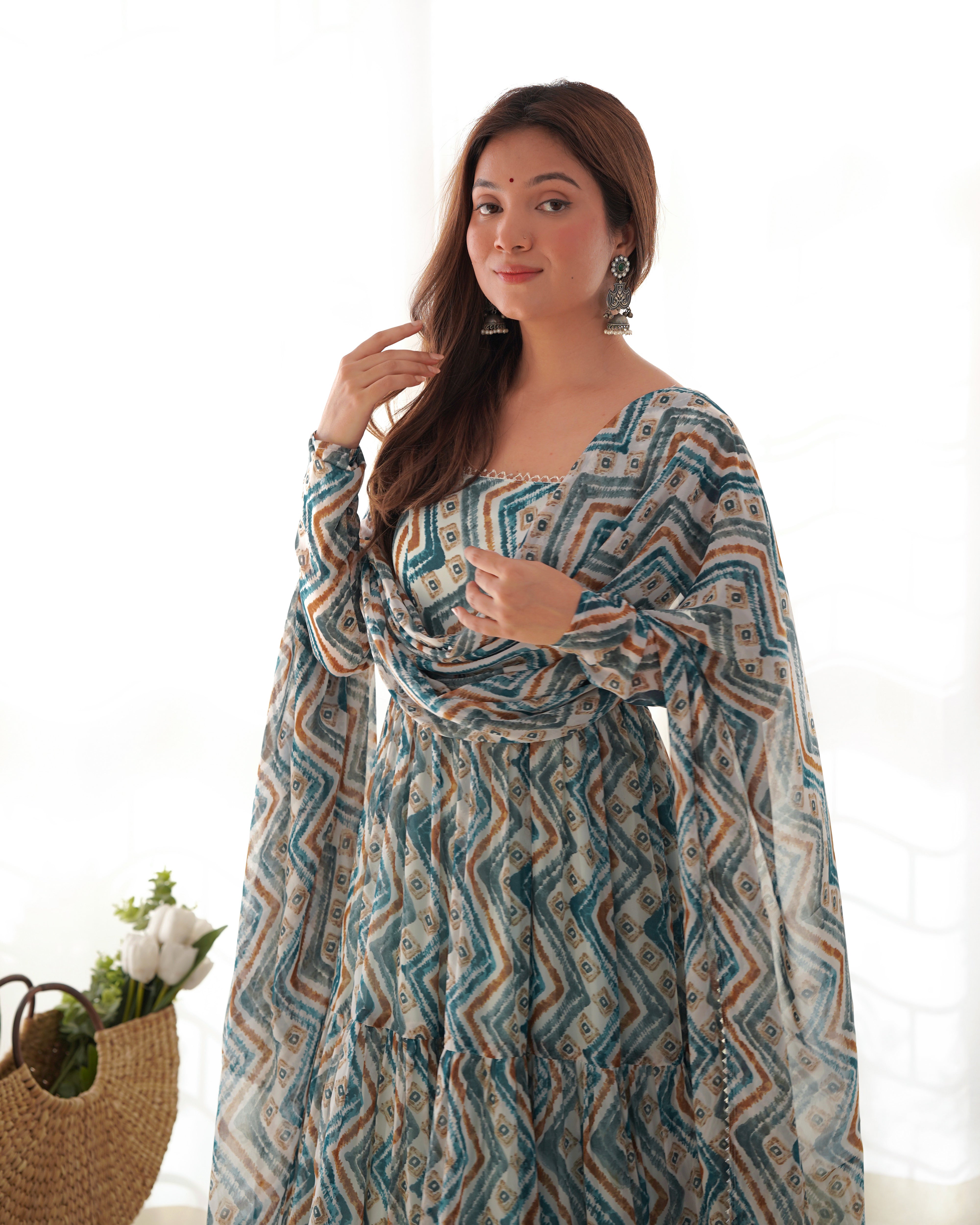 LightBlue Pure Soft Fox Georgette Kurta Set With Zigzag Print