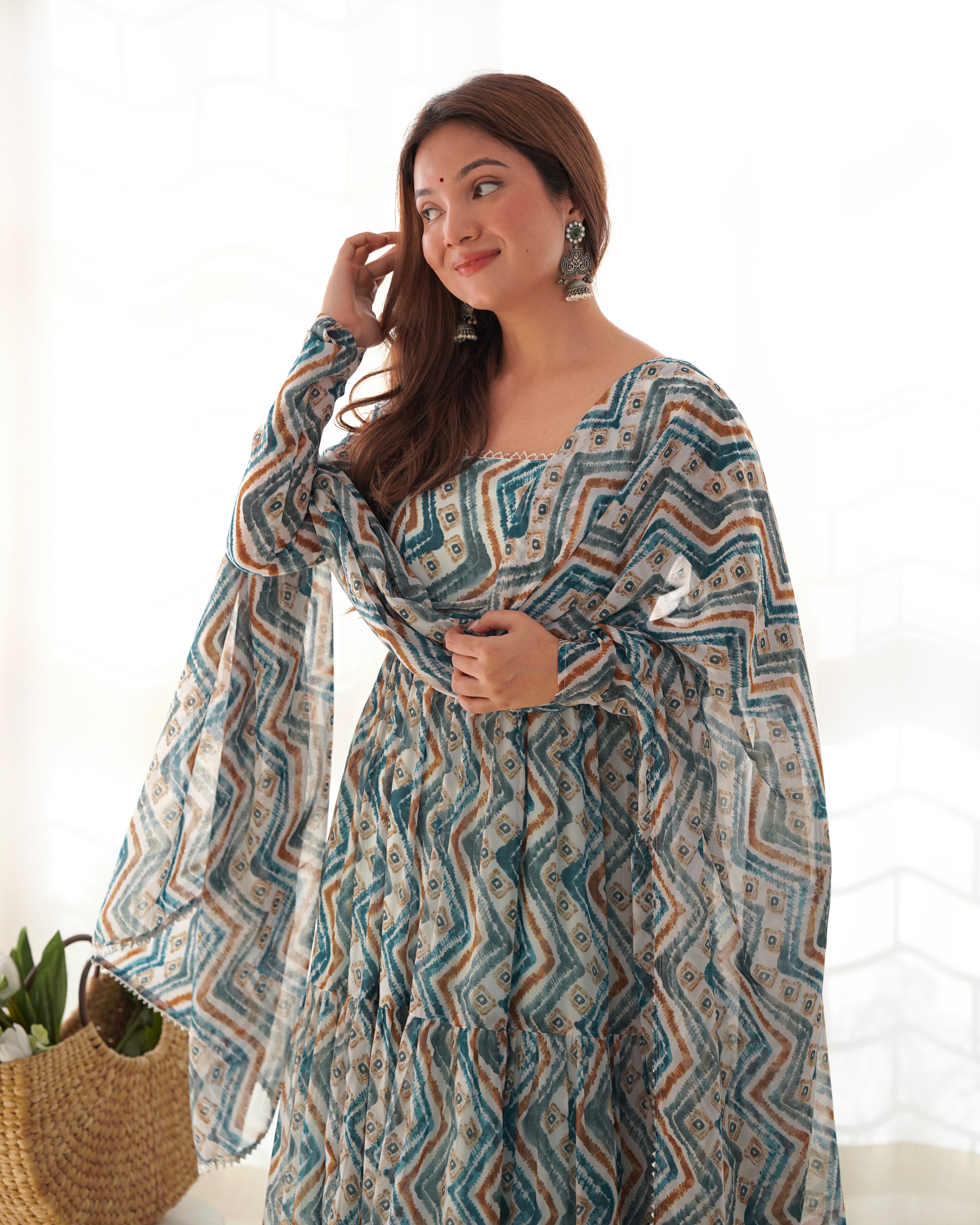 LightBlue Pure Soft Fox Georgette Kurta Set With Zigzag Print