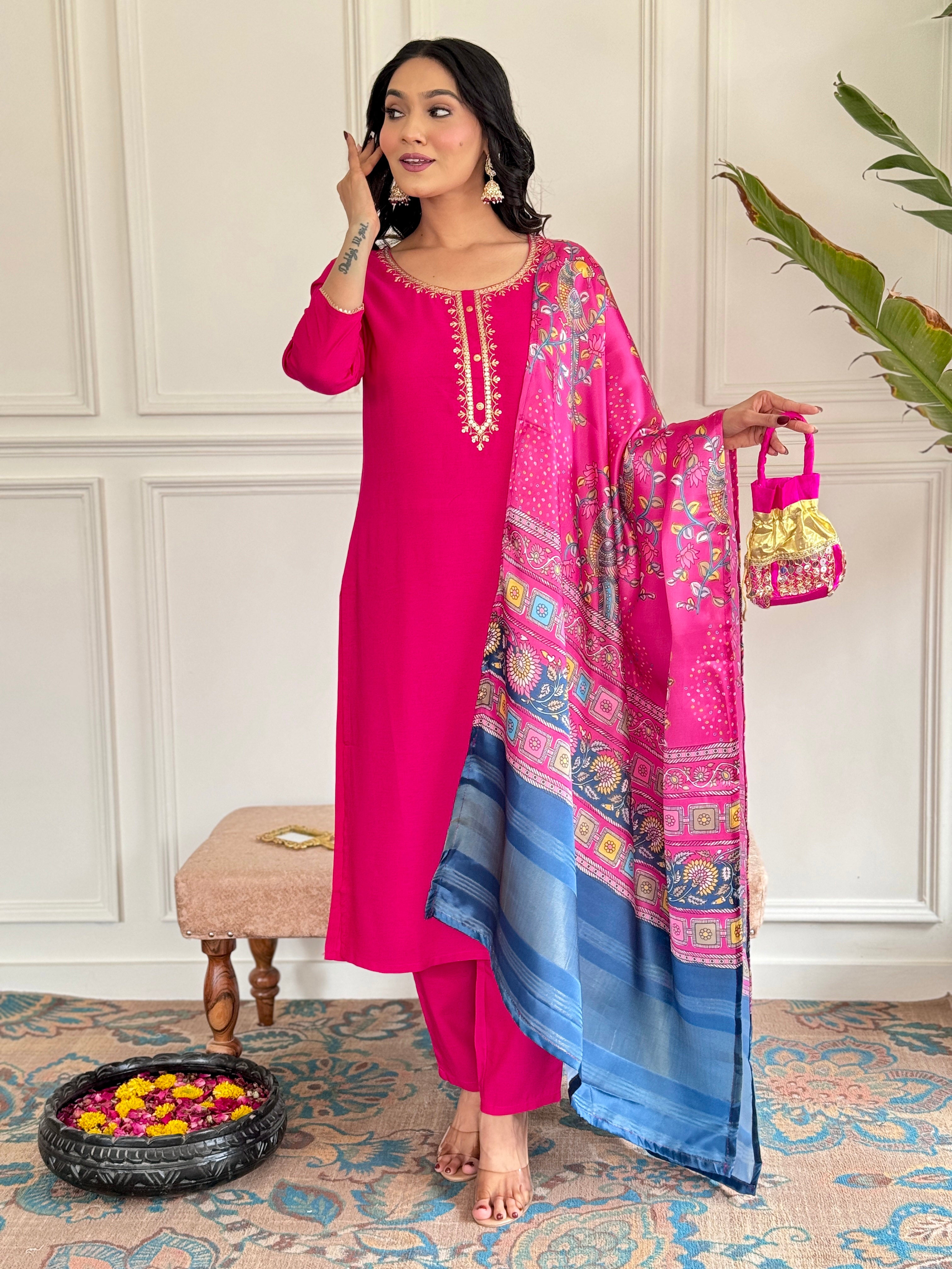 Viscose Fabric work Straight cut Kurta, Pant and Dupatta Set