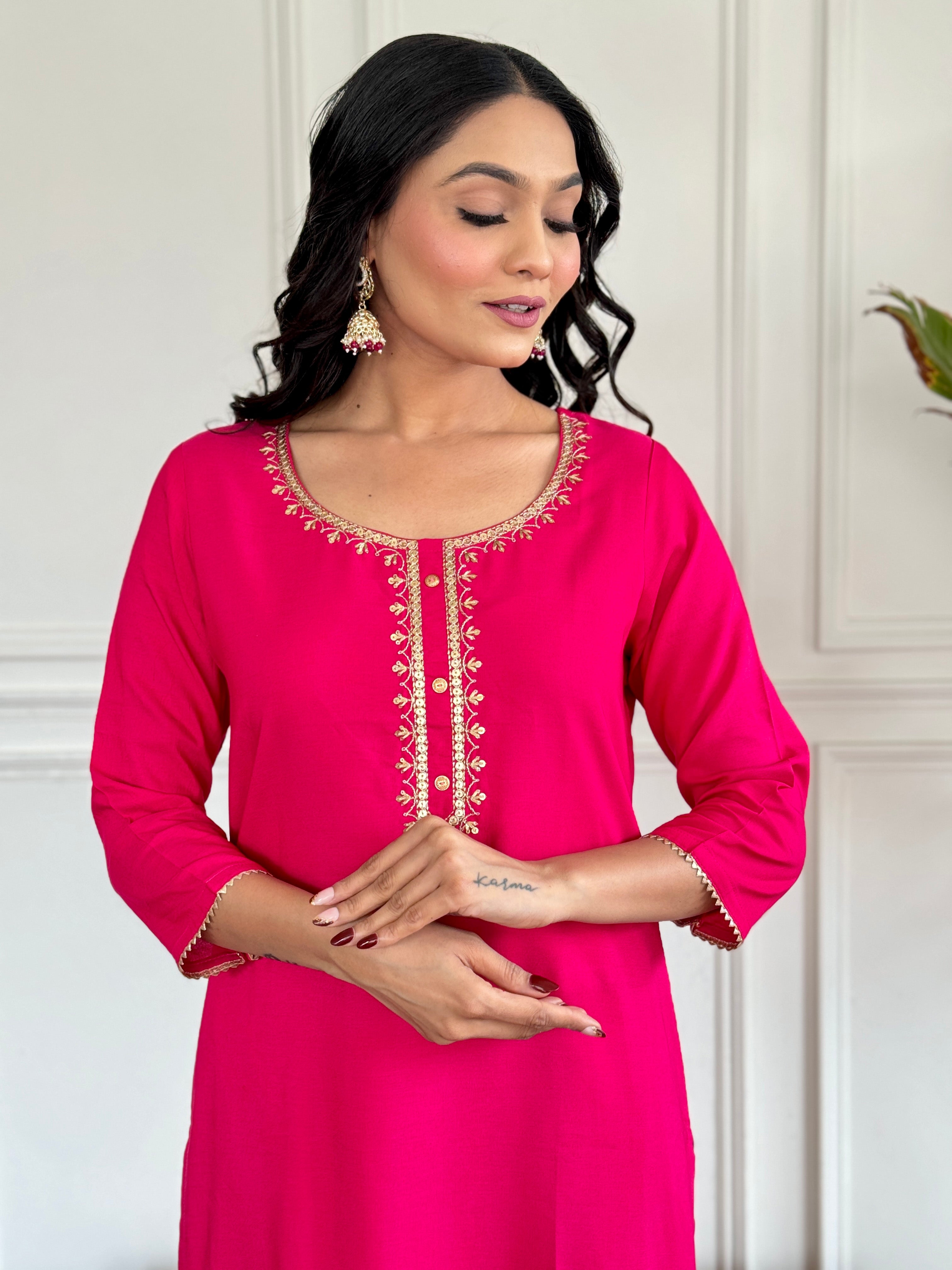 Viscose Fabric work Straight cut Kurta, Pant and Dupatta Set