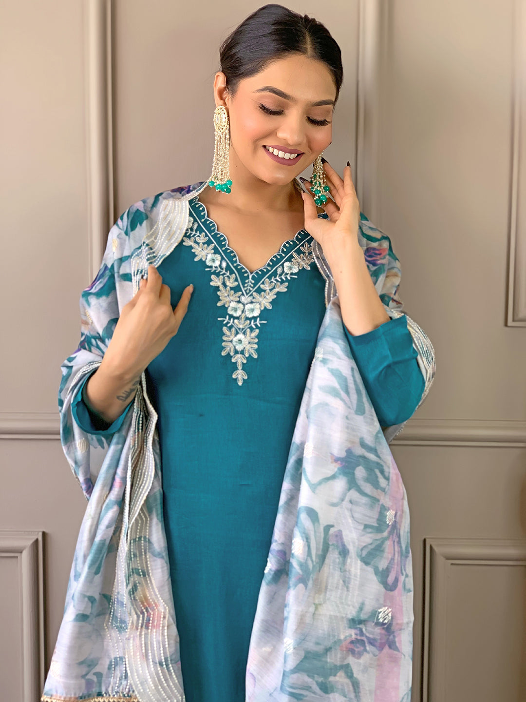 Gorgeous Embroidered Viscose Fabric Straight Kurta, Pant and Dupatta Set