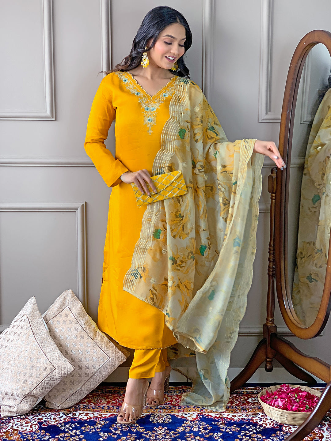 Gorgeous Embroidered Viscose Fabric Straight Kurta, Pant and Dupatta Set