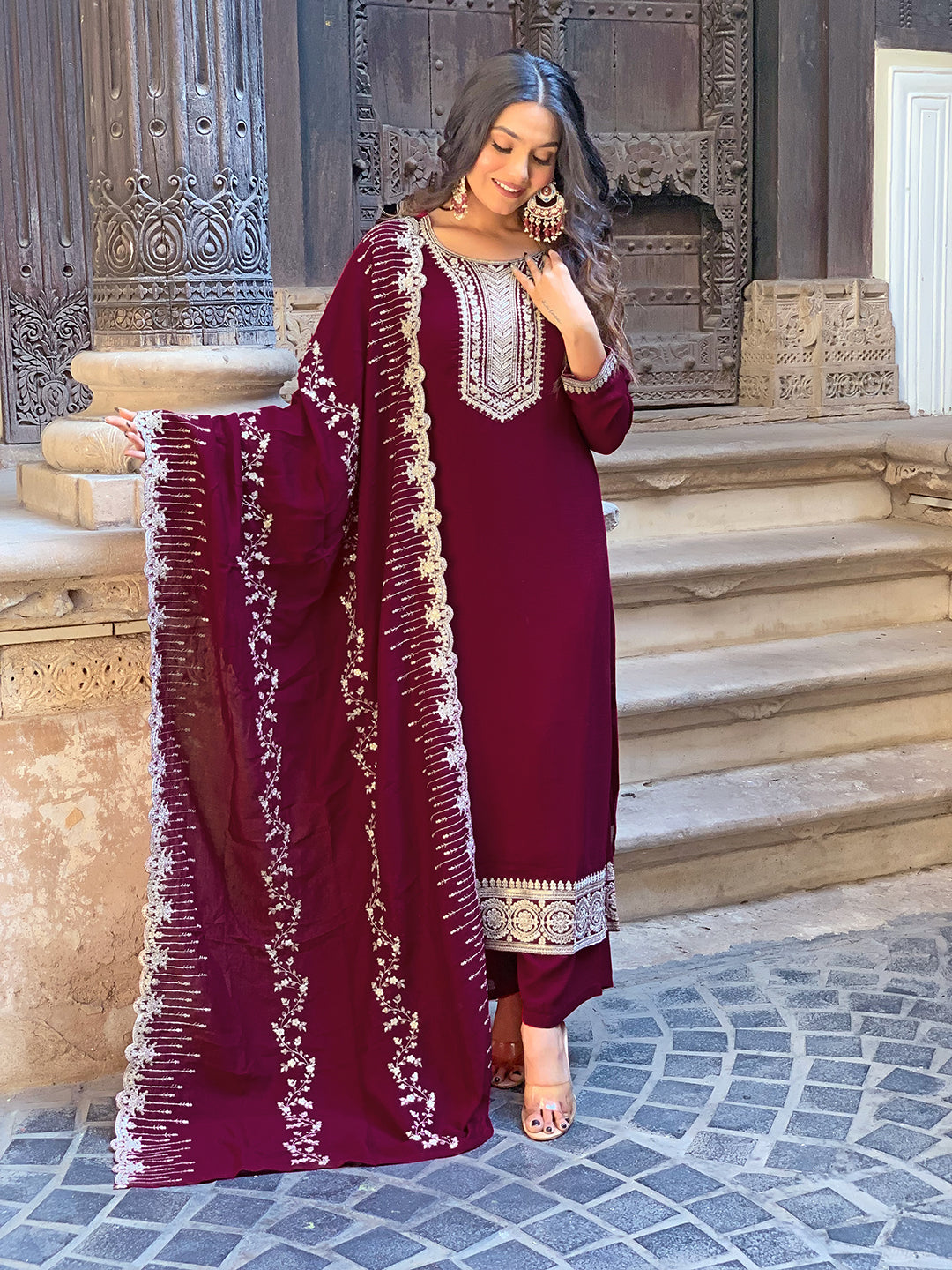 Wine Silk Embroidery Kurta