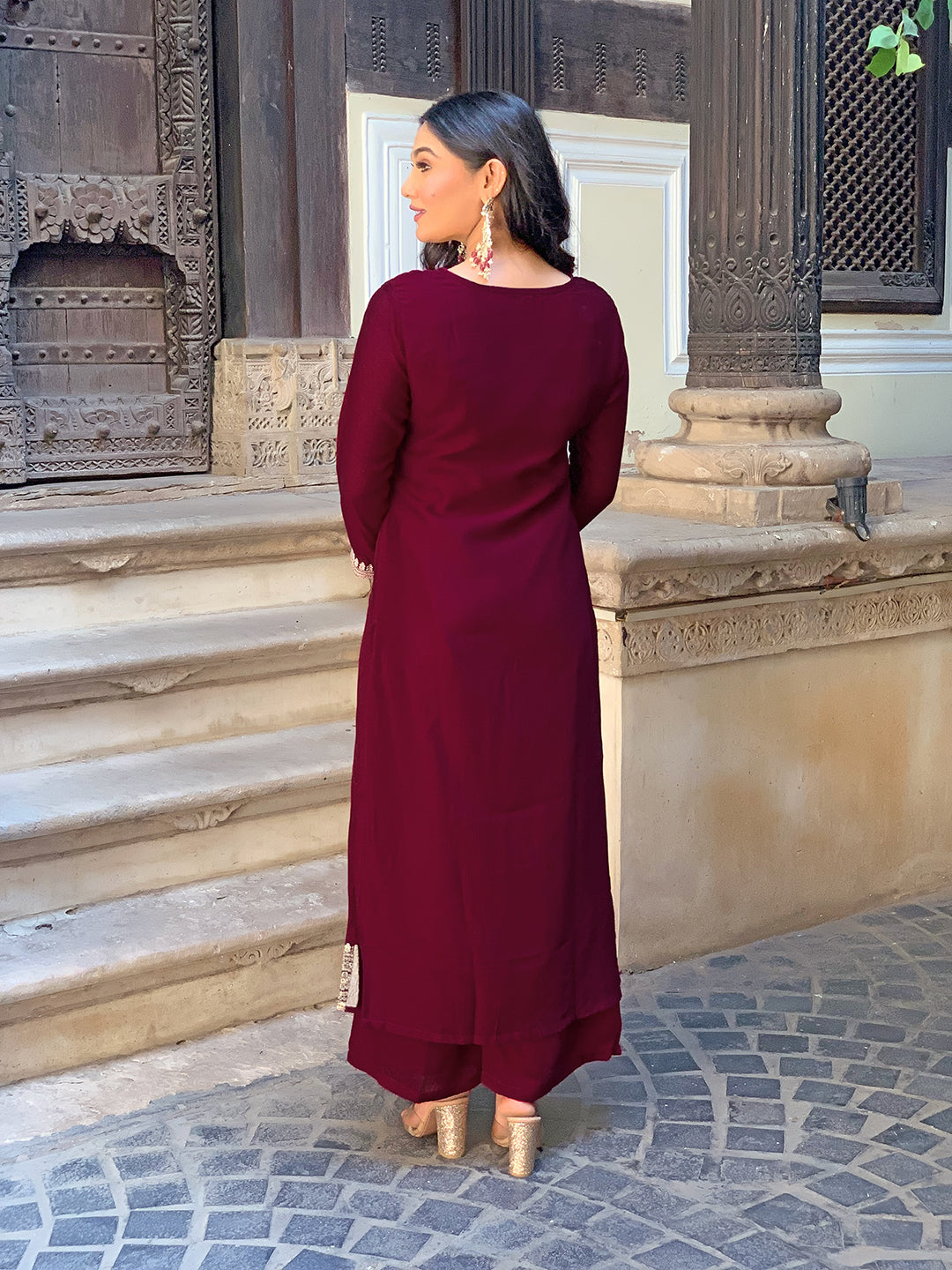 Wine Silk Embroidery Kurta