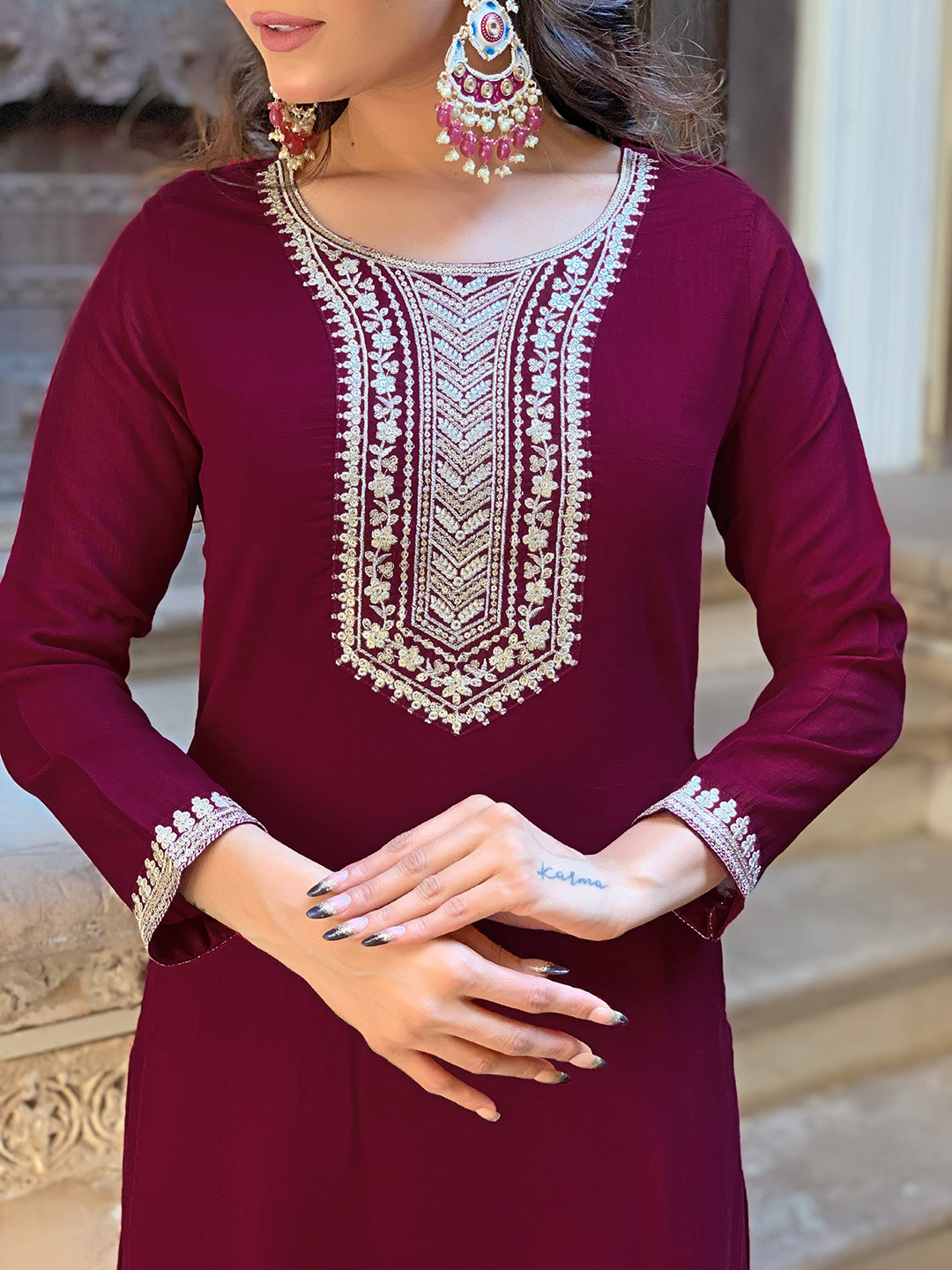 Wine Silk Embroidery Kurta