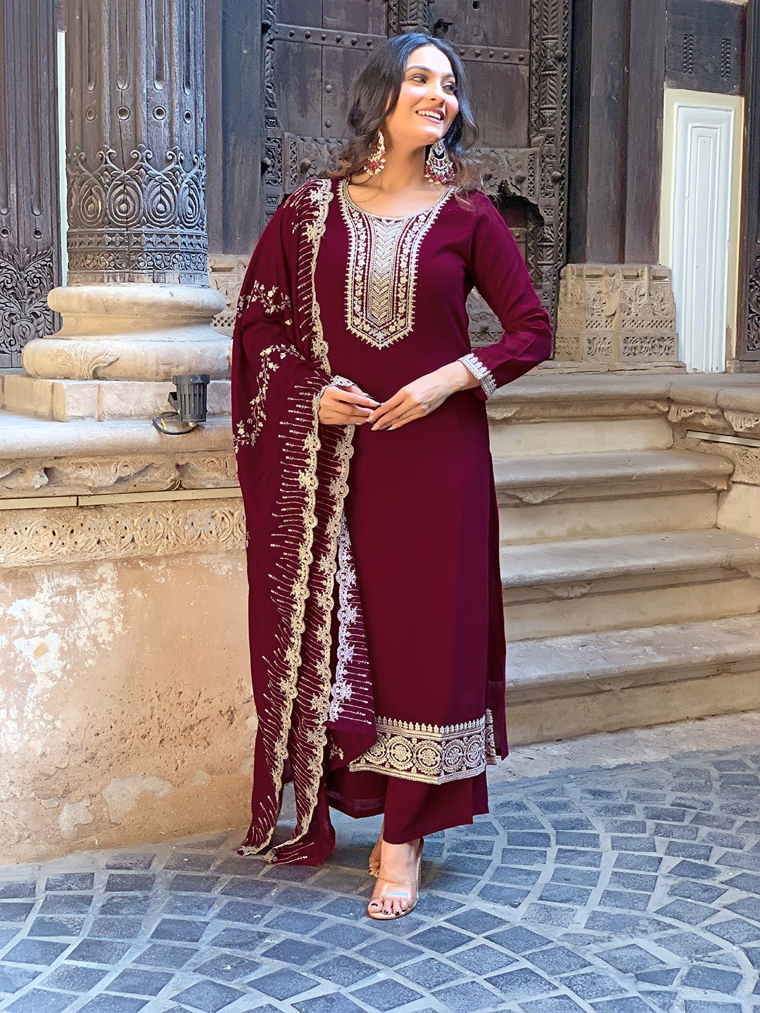 Wine Silk Embroidery Kurta