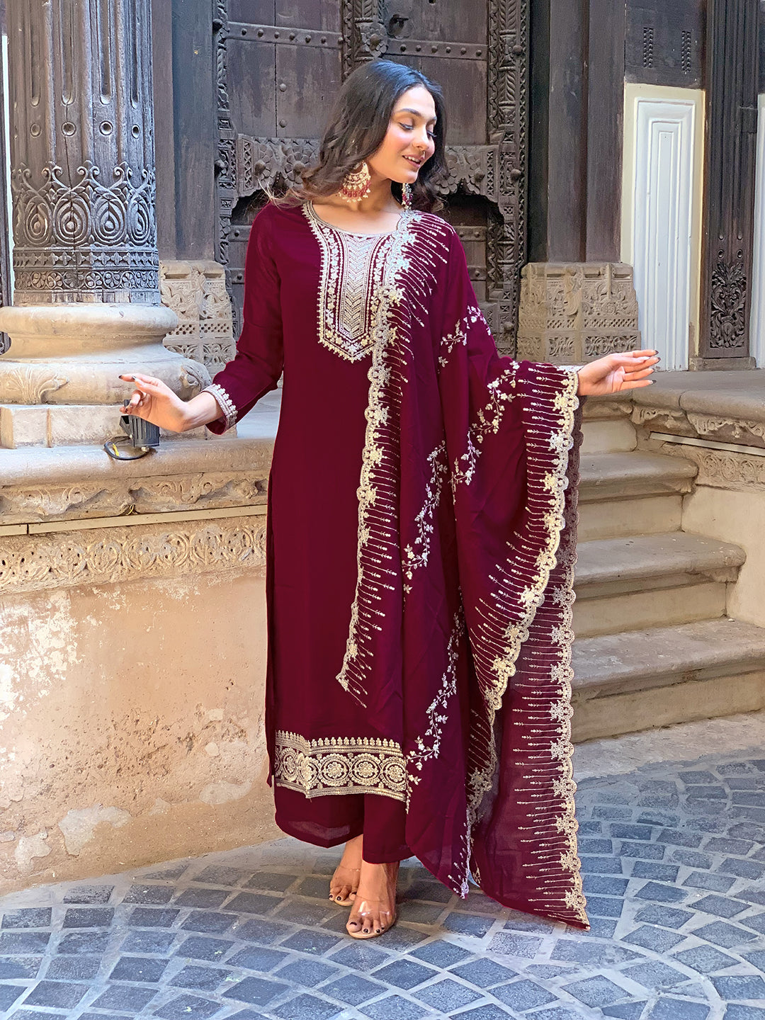 Wine Silk Embroidery Kurta