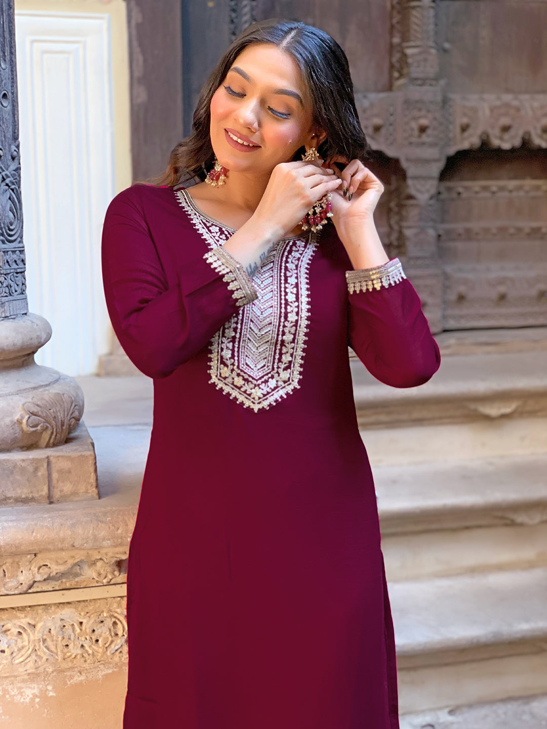 Wine Silk Embroidery Kurta